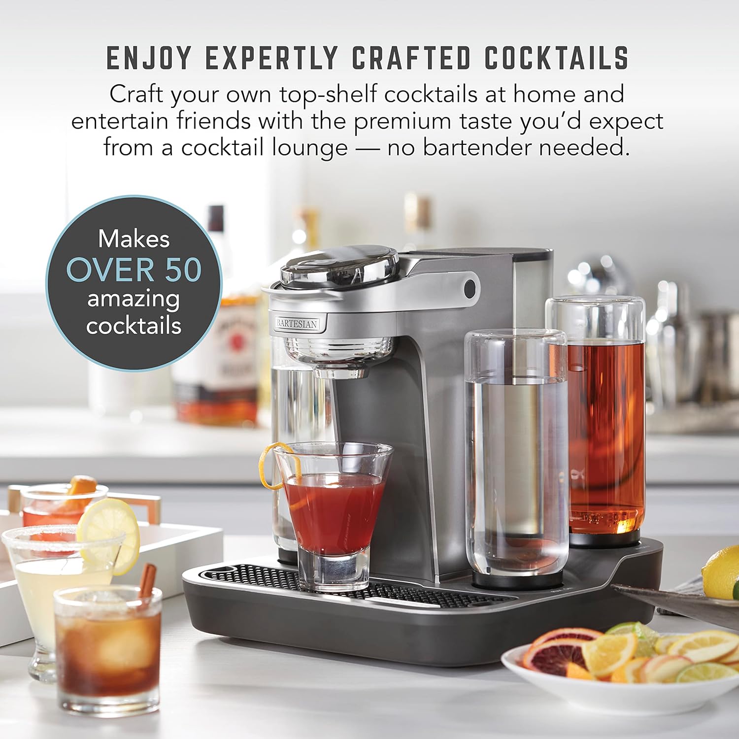 Bartesian Professional Cocktail Machine and Margarita Maker - High Capacity Bar Cocktail Mixer with 5 Premium Glass Bottles for Parties and Entertaining - Push-Button Technology and Easy Clean Design