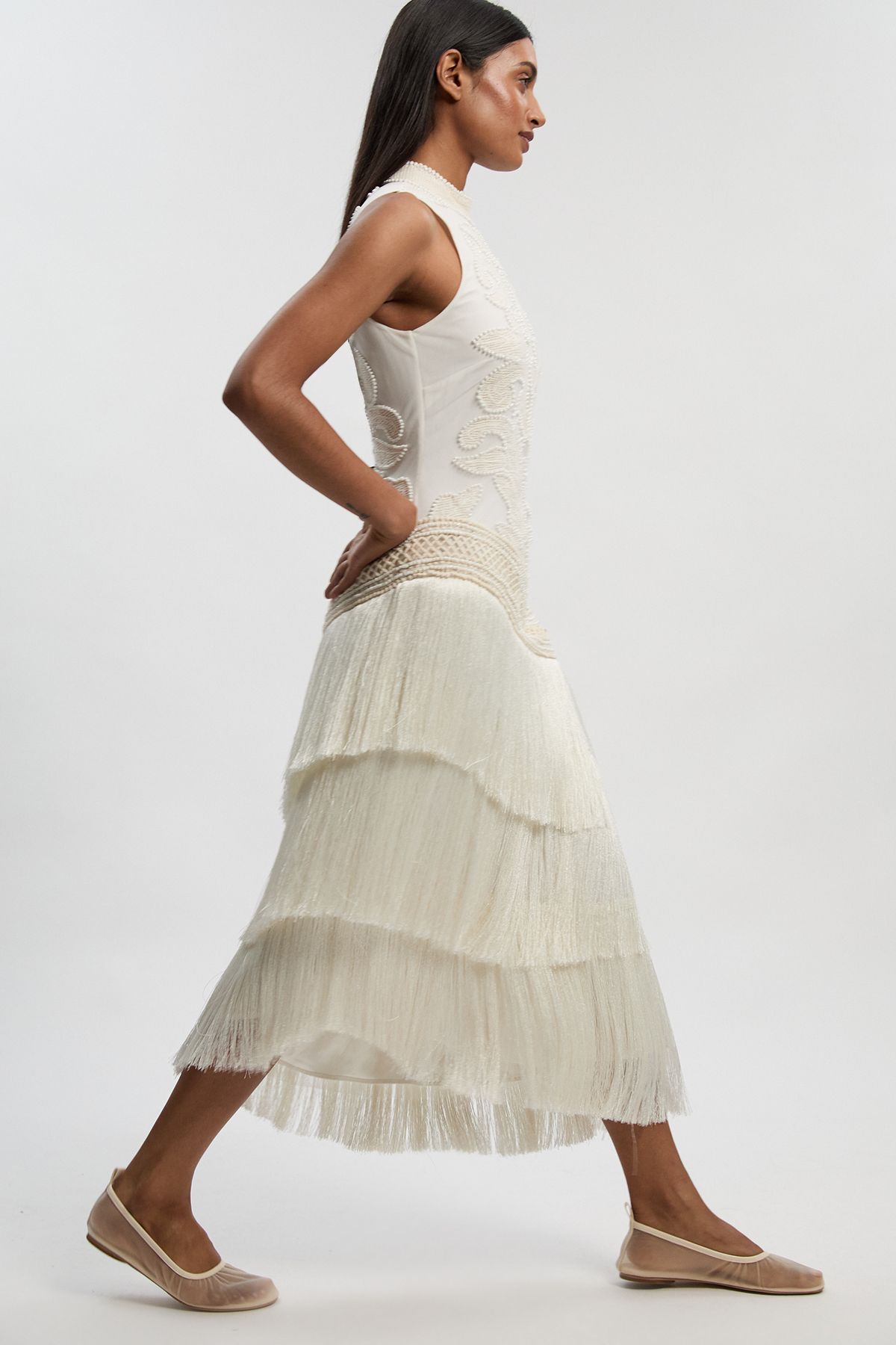 KarenMillen Fringed Asymmetric Beaded Halter Neck Woven Maxi Dress
