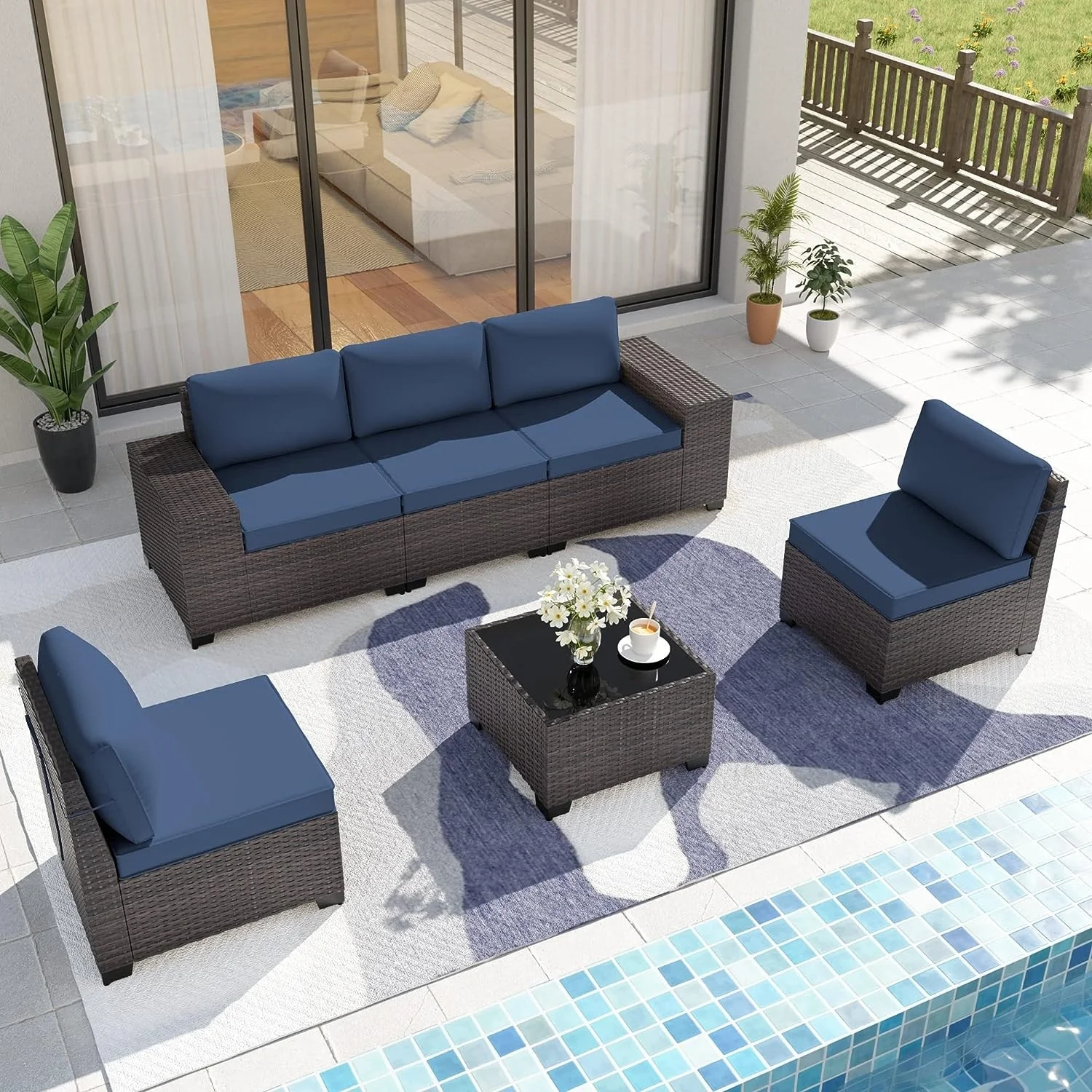 Delnavik Patio Furniture Set Sofa 6-Piece Wicker Sectional Sofa Set, Outdoor Furniture Rattan Patio Sofa Conversation Set