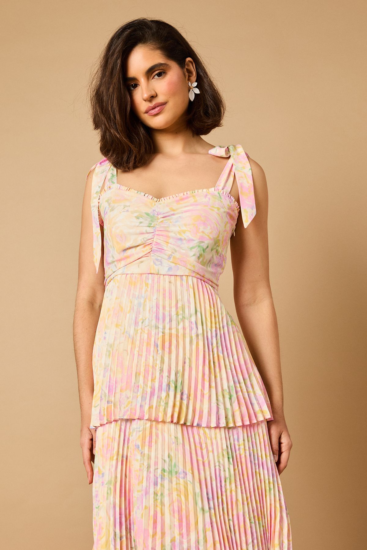 Oasis Ditsy Floral Pleated Tie Shoulder Midi Dress