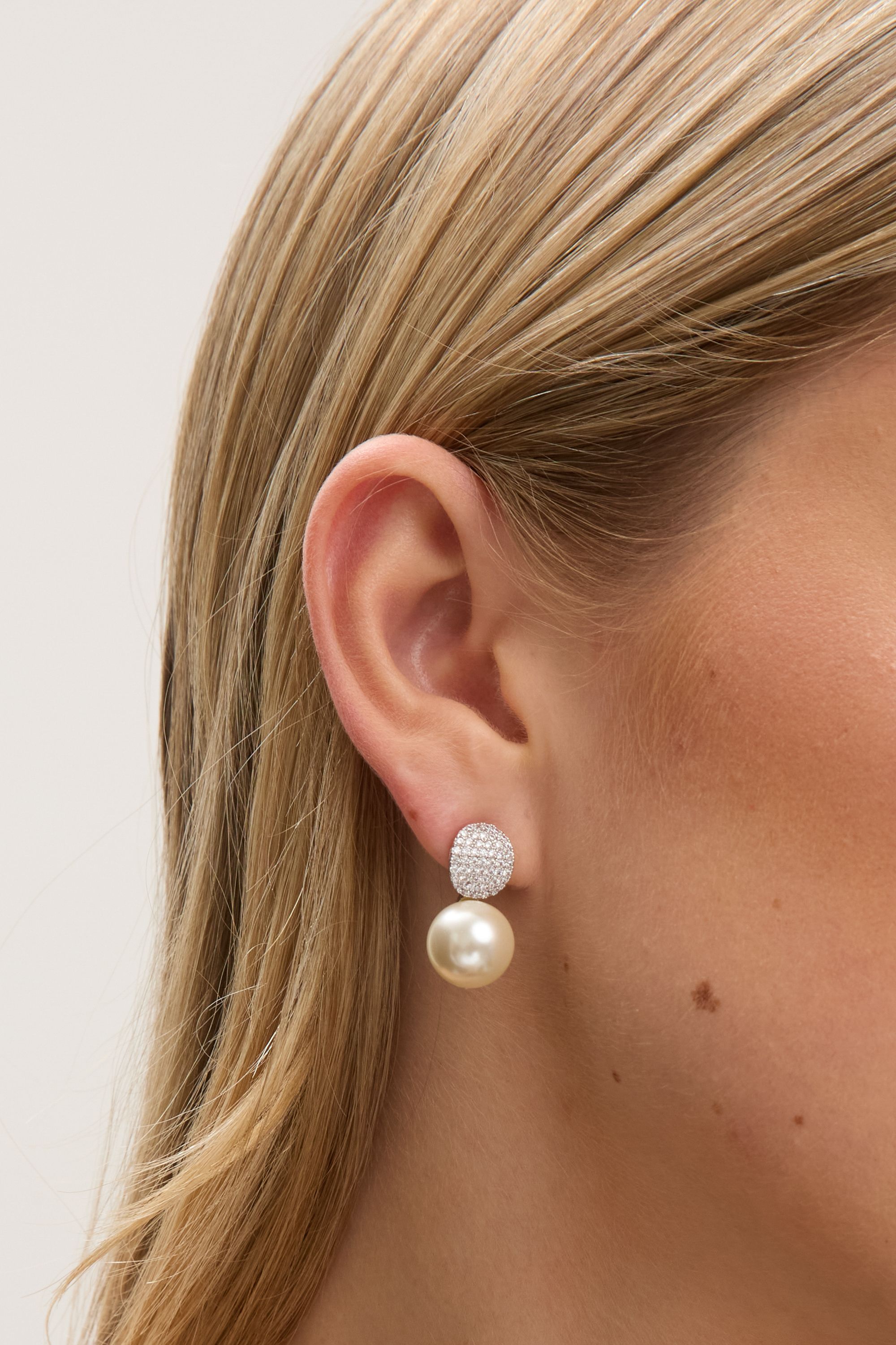 Jon Richard Rhodium Plated Pave and Pearl Drop Earrings