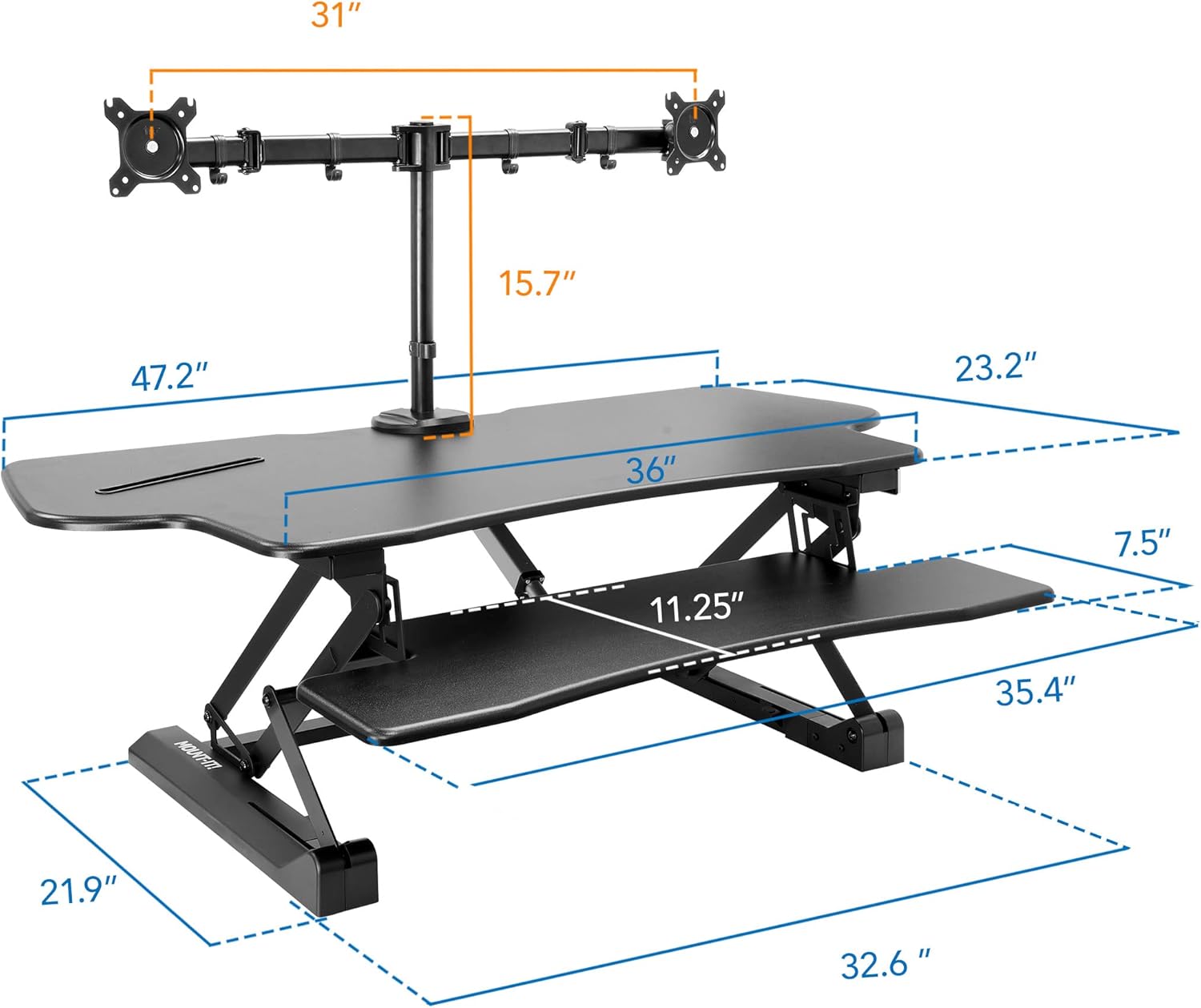 Mount-It! Electric Standing Desk Converter with Dual Monitor Arm, Stand Up Desk Riser X-Large 47.2 Wide, Electric Desk Riser with Mount for 2 Screens (Max 32), Desktop with Keyboard Tray, USB, Black