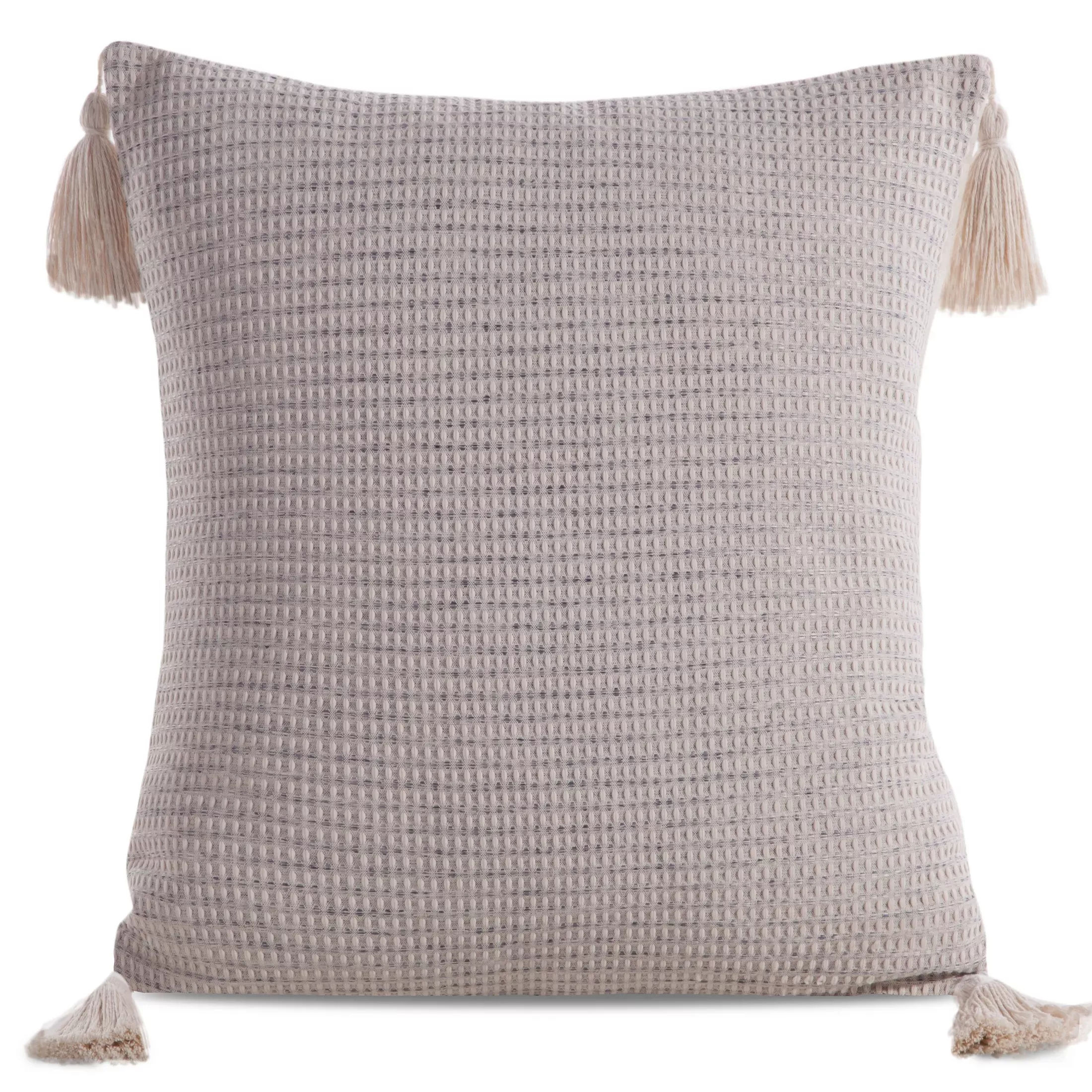 Poszewka na poduszkę 45x45 cm beżowo, szara zdobiona na rogach chwostami BOHO
