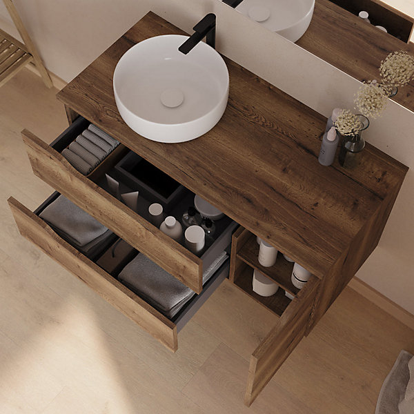 Meuble de salle de bain 100cm avec plateau et vasque à poser à gauche Ares - sans miroir - 2 tiroirs et 1 placard - tabaco - ZARZA