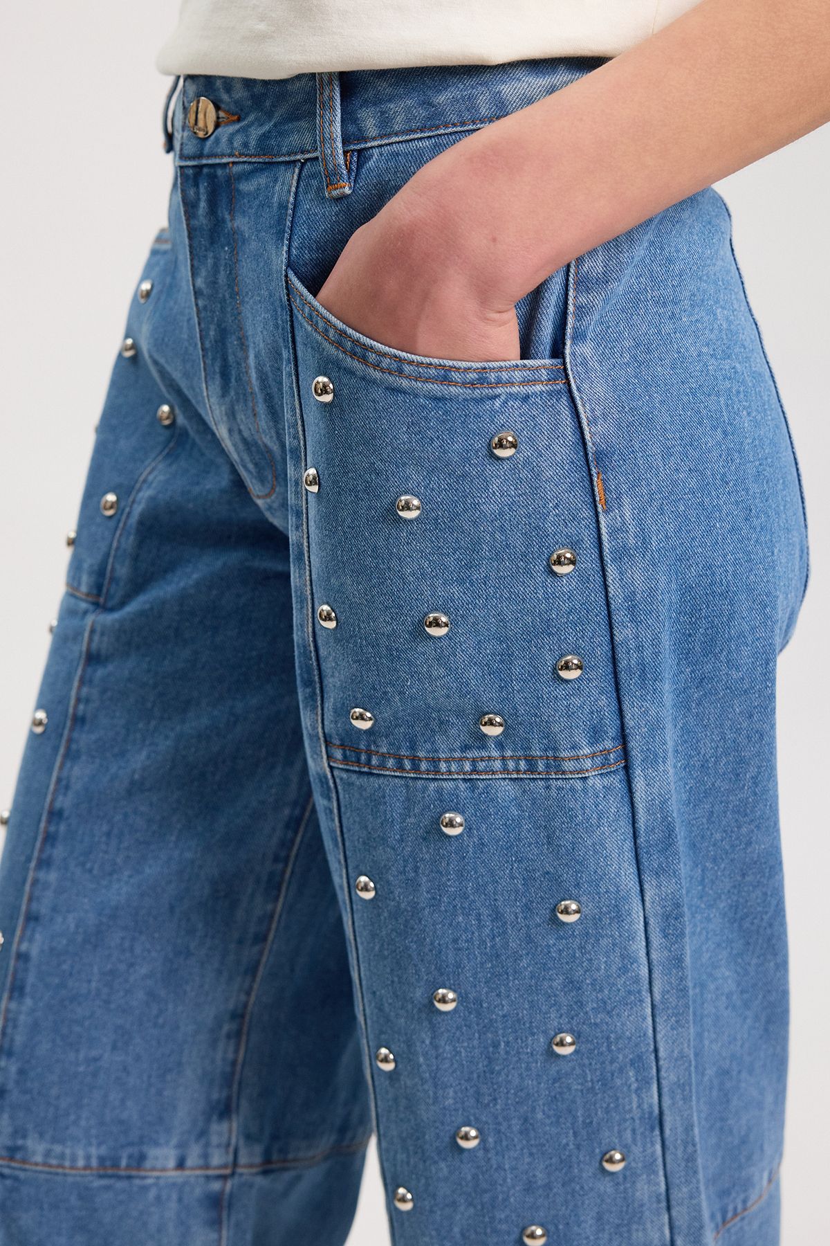 KarenMillen Denim Studded Barrel Leg Jean