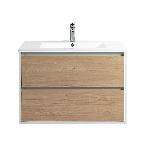 Pack Meuble prémonté 80 blanc effet bois-Vasque résine-Robinet chromé-Miroir JOY - bain-bain
