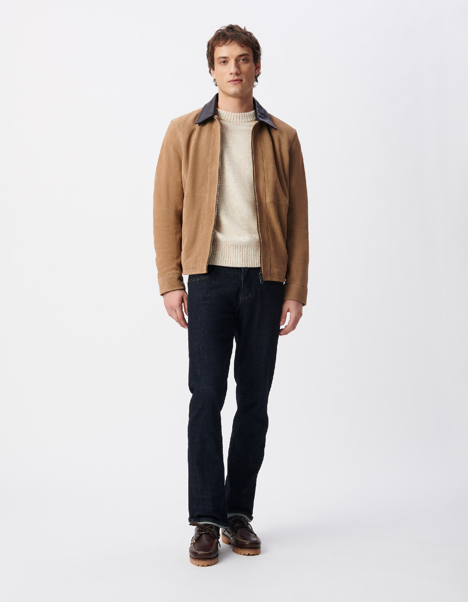 Blouson beige cuir velours col cuir noir Homme