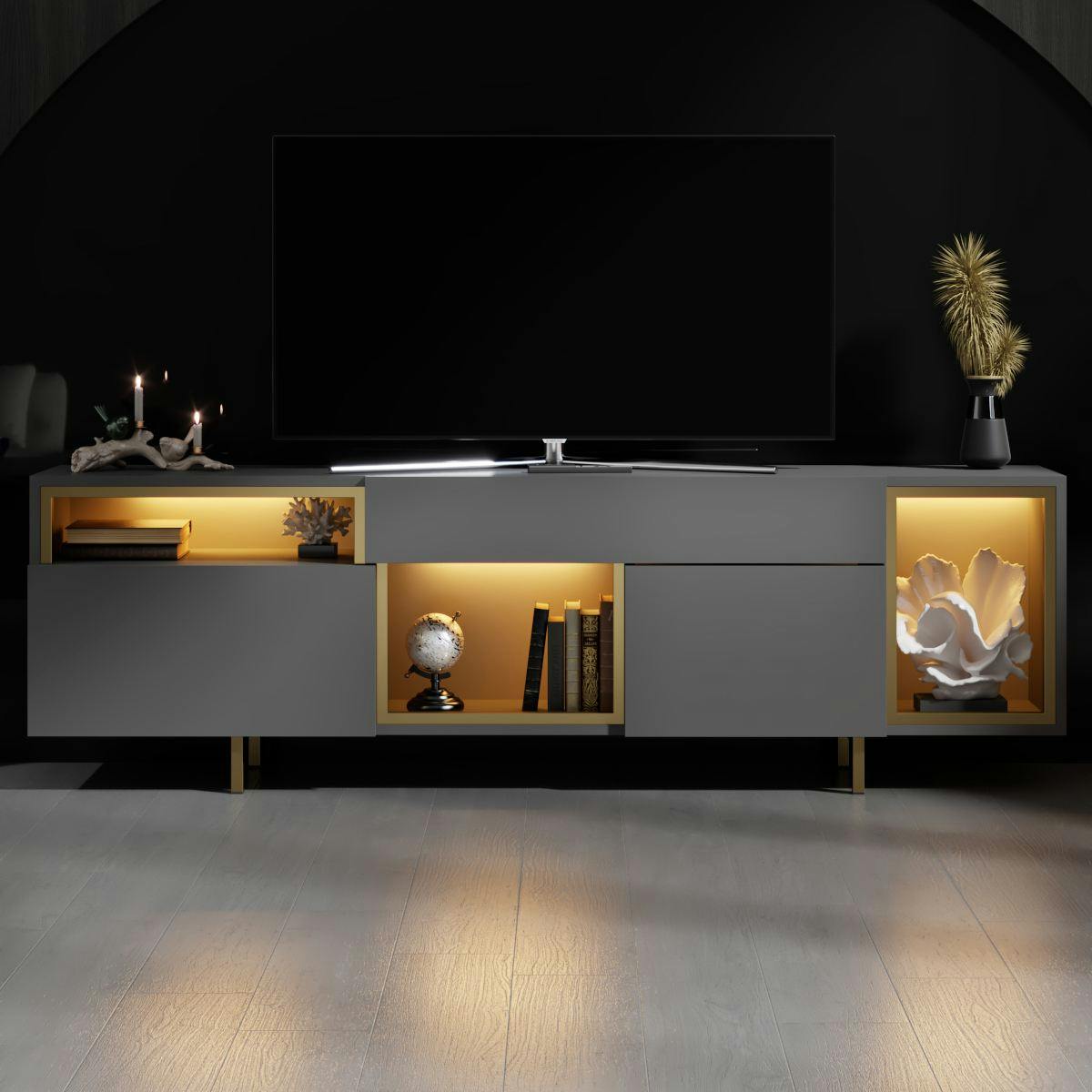 buffet gris foncé et doré 2 portes 3 niches LED AURA