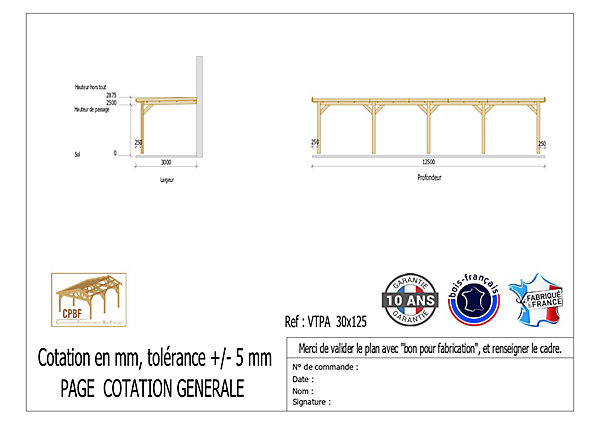 Carport adossé toit plat 300cmx1250cm, bois DOUGLAS Français (Charpente en bois-auvent-abri voiture) 38 m². Garantie 10 ans