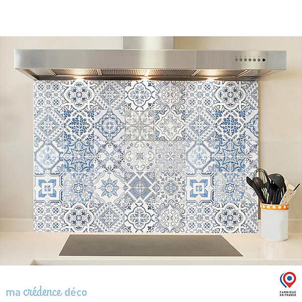 Crédence cuisine fond de hotte carrelage classique bleu 1 - Verre trempé - L 90 cm x H 70 cm - MaCrédenceDéco