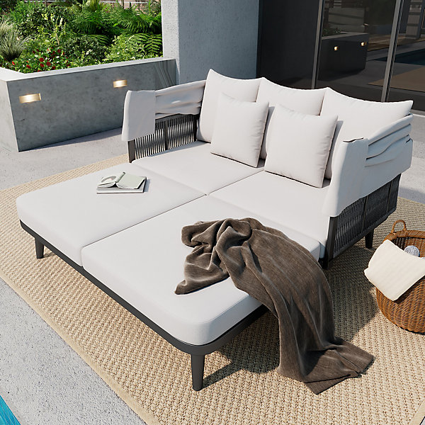 Bain de soleil 2 places - canapé de jardin avec pare-soleil réglable - acier galvanisé - beige