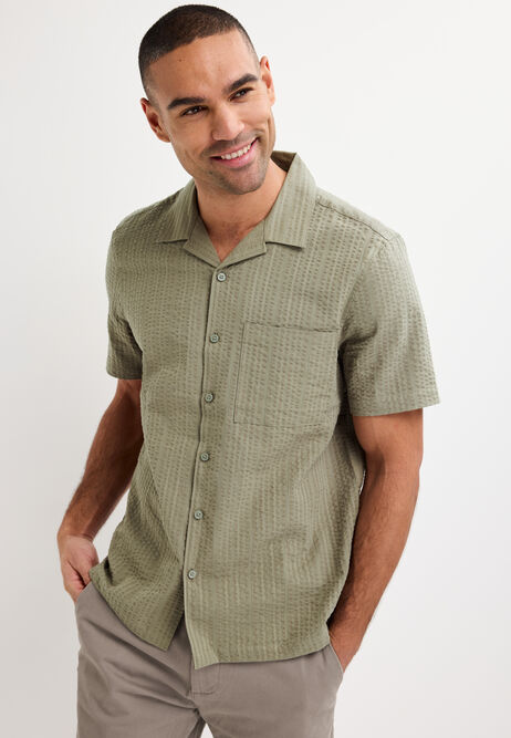 Mens Khaki Seersucker Stripe Cotton Shirt