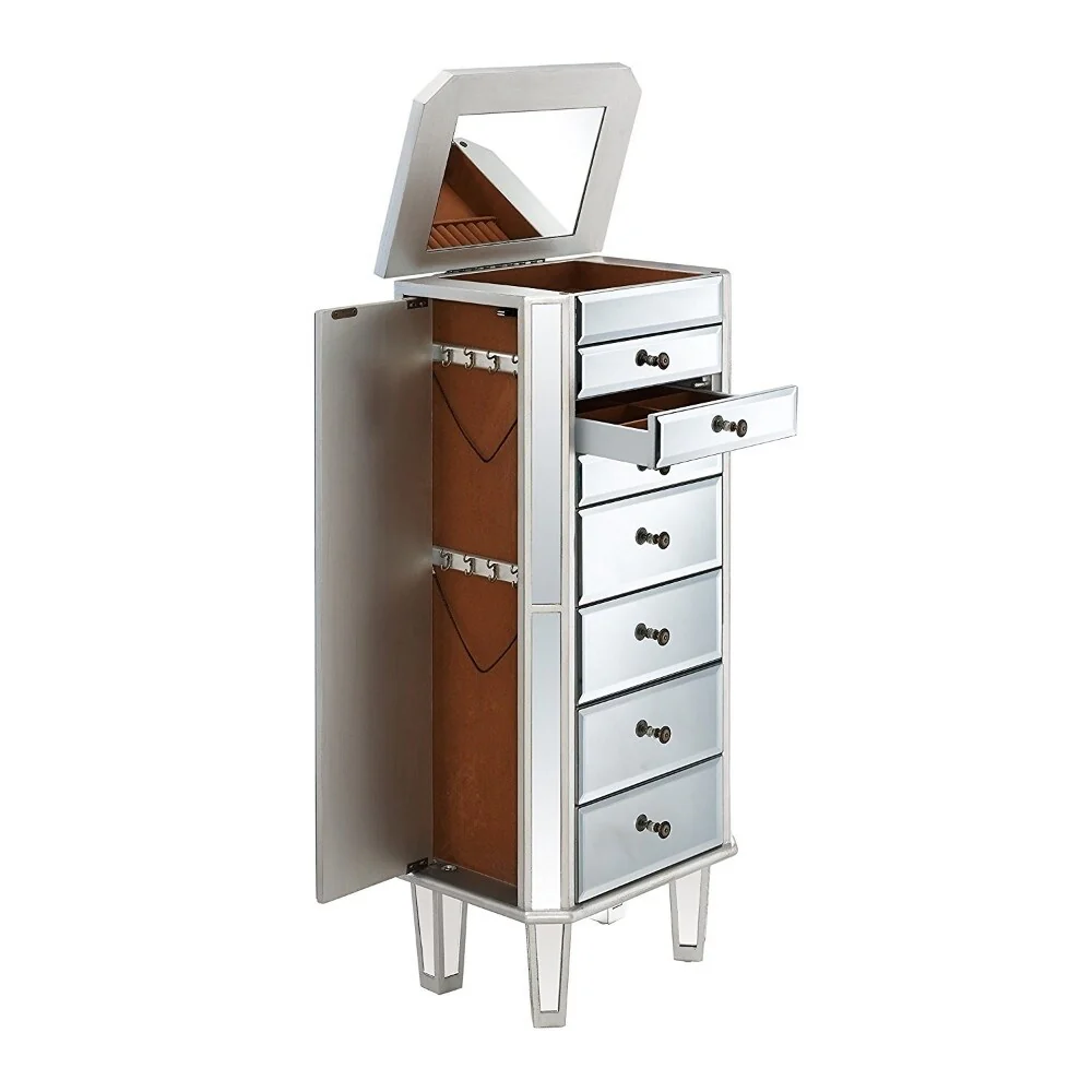 The Urban Port Spacious Mirrored Jewelry Armoire, Silver & Clear