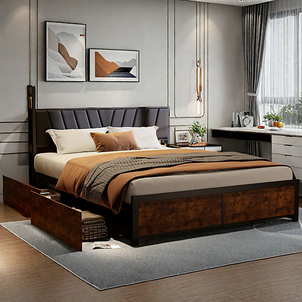 Cadre de Lit Double 160x200 cm avec Tiroirs Coulissants et LED, en Métal Noir et Bois, Parfait pour Chambre d'Adultes, USB, noir