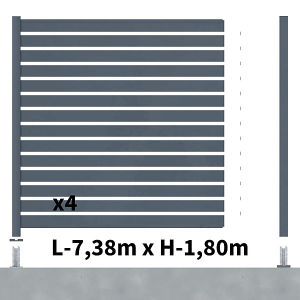 Kit Clôture Ajourée Aluminium OLINDA Anthracite 7,38x1,8m Poteaux sur Platines - Dimension des Lames : 21x100x1780 mm