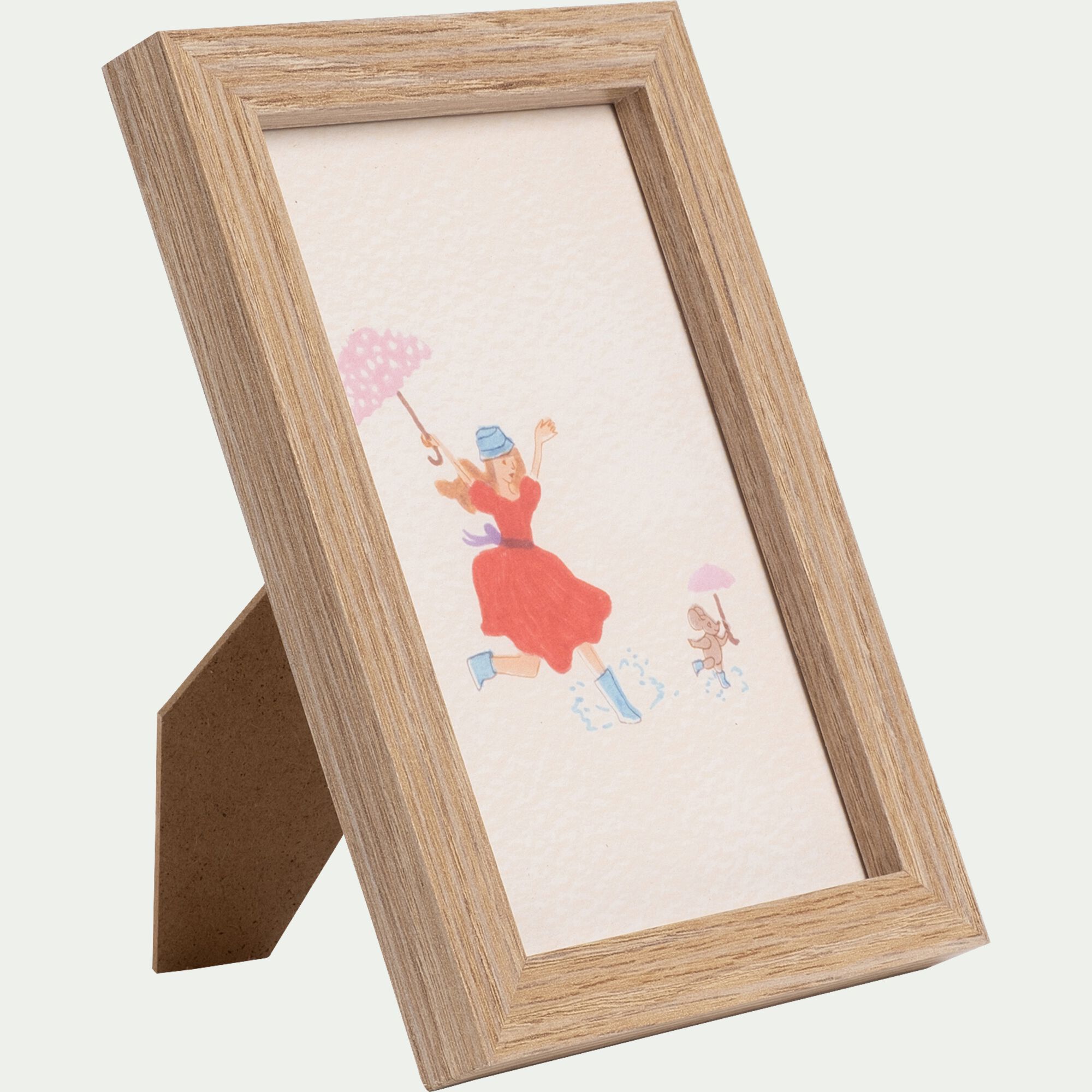 SARAH - Illustration encadrée motif Sarah en robe rouge 12x17cm - bois clair