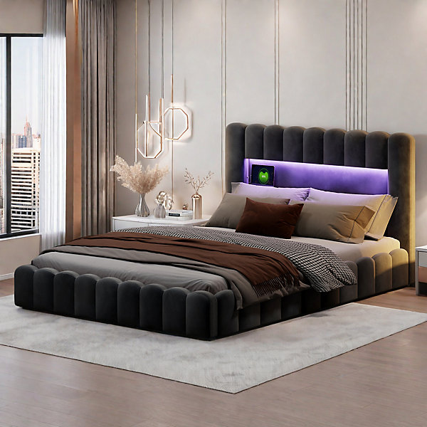Lit double 180 x 200 cm avec espace de rangement, Lit coffre avec lumières LED et USB, Gris clair