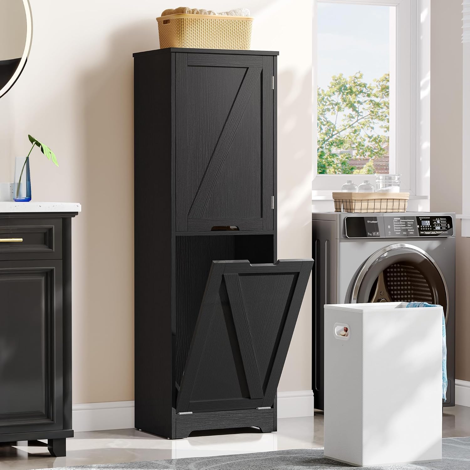 DWVO Tilt Out Laundry Hamper - 53 Tall Bathroom Storage Cabinet Laundry Cabinet with Adjustable Shelves and Clothes Basket, Laundry Hamper Shelf for Laundry Room Bathroom Organizer, Black