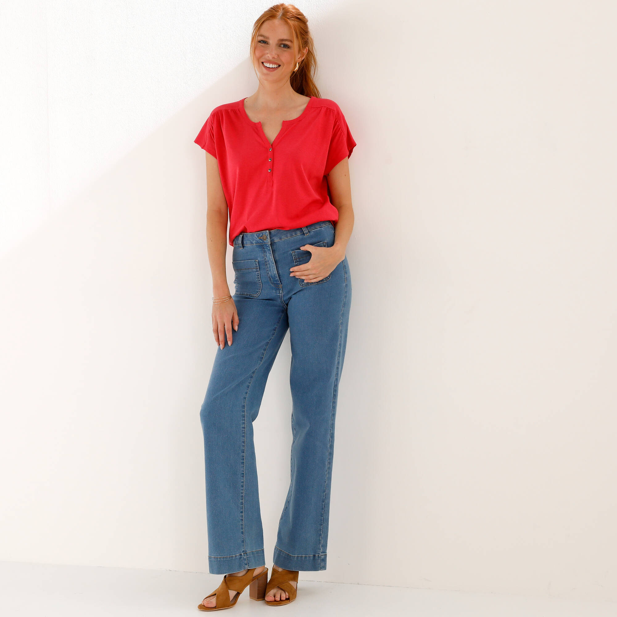 Tee-shirt col tunisien manches courtes, uni