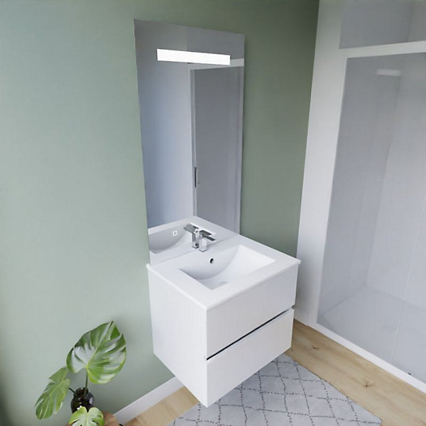 Meuble vasque ROSALY INOX 60 cm   miroir Elégance ht105- Blanc- Plan vasque en Céramique