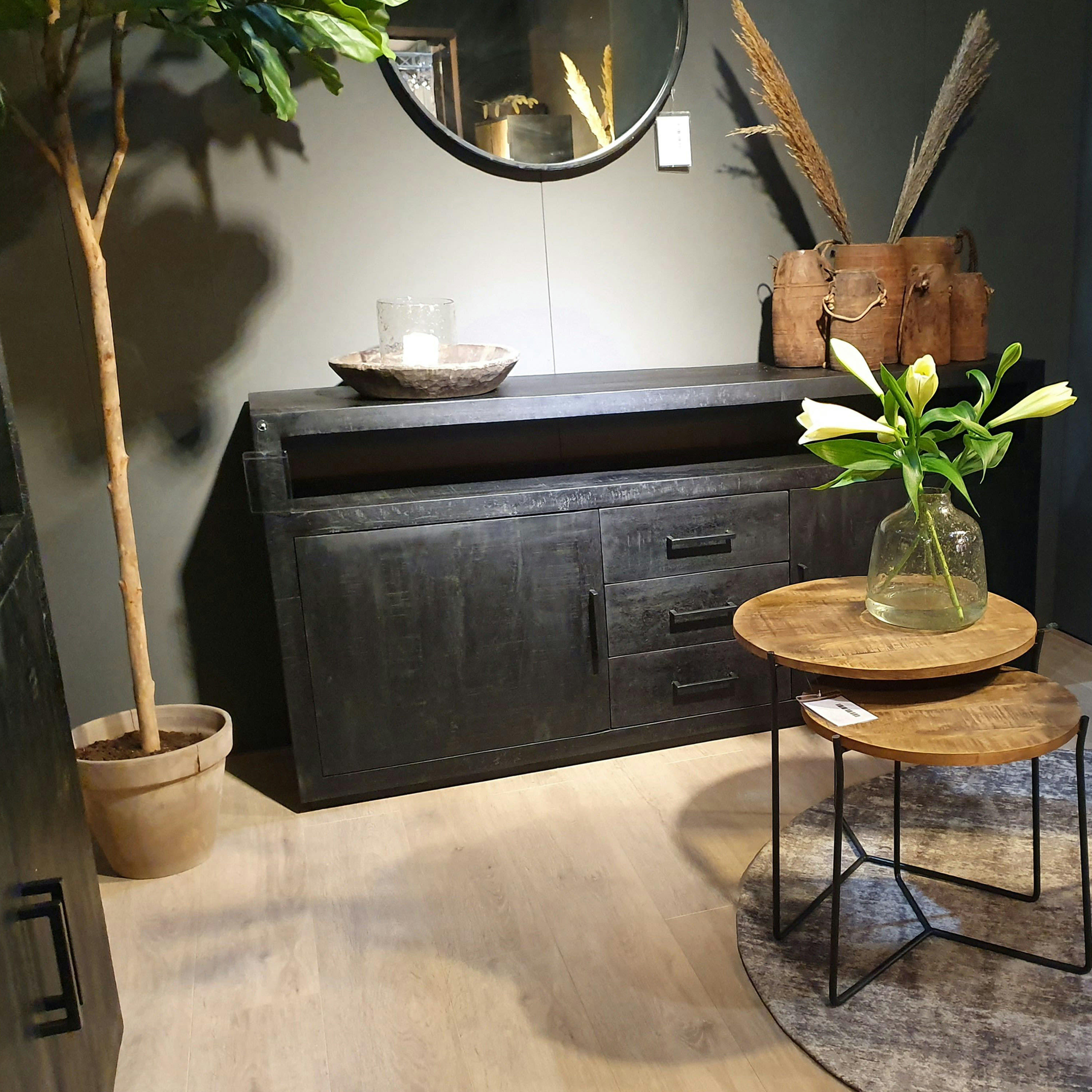 ANDUZ - ANDUZ-Bahut 2 portes 3 tiroirs L180cm en bois de Manguier massif noir