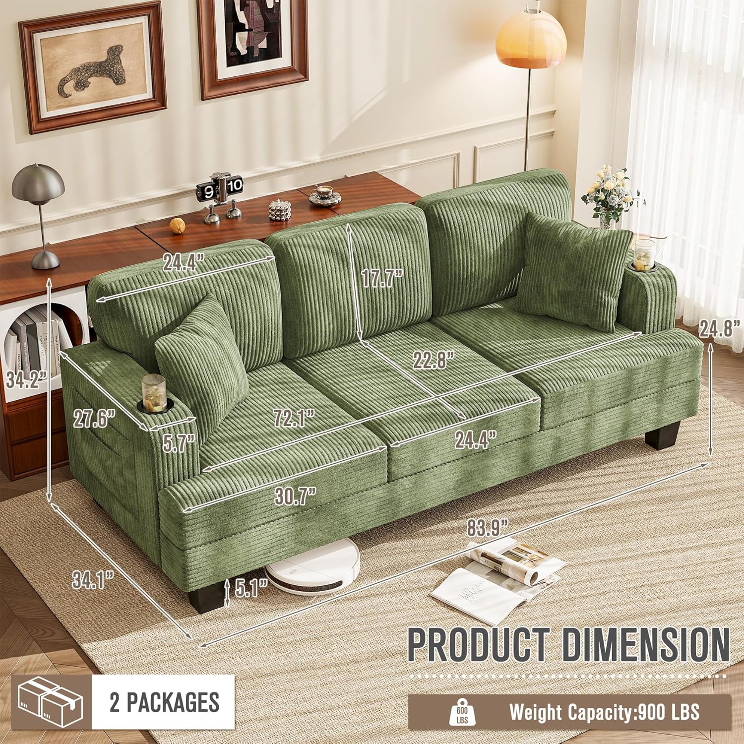 Homall Couches for Living Room, 83 Couch with Soft Deep Seats, Modern Sofa 3 Seater in Corduroy for Apartment, Bedroom (Olive Green)