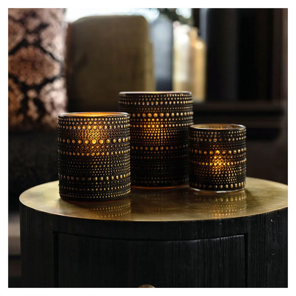 Countryfield theelichthouder/kaarsenhouder - zwart/goud - H8 cm