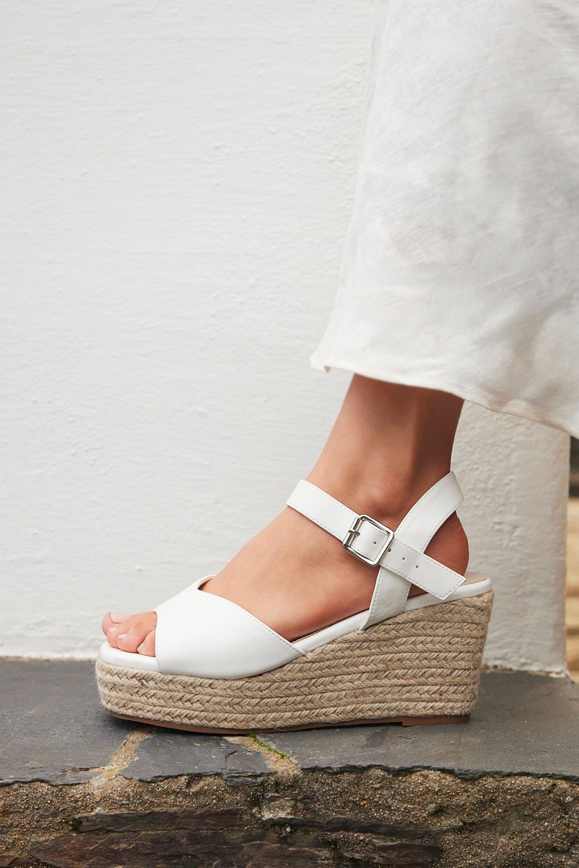 Linzi Duchess Wide Fit White Wedge Sandals