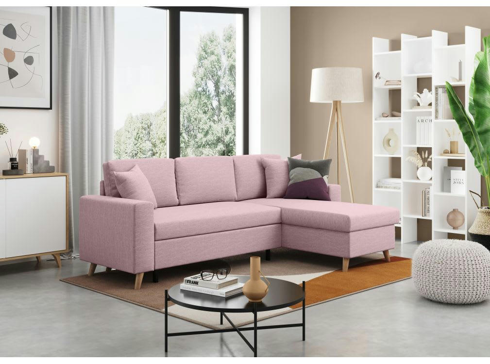 MARIA SCANDINAVE - Canapé d'angle scandinave convertible avec coffre en tissu rose