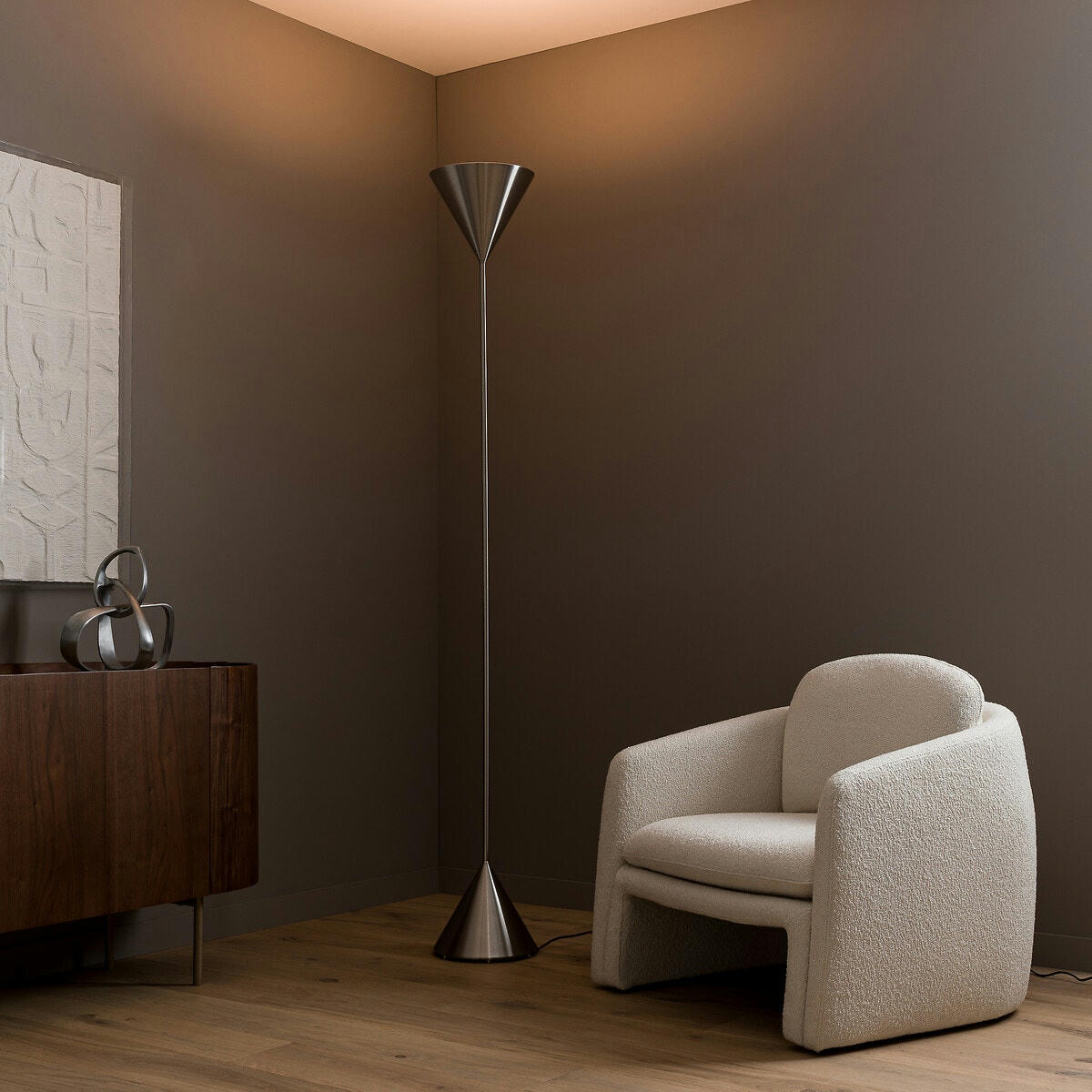 Lampadaire double cône, nickel brossé, Moke