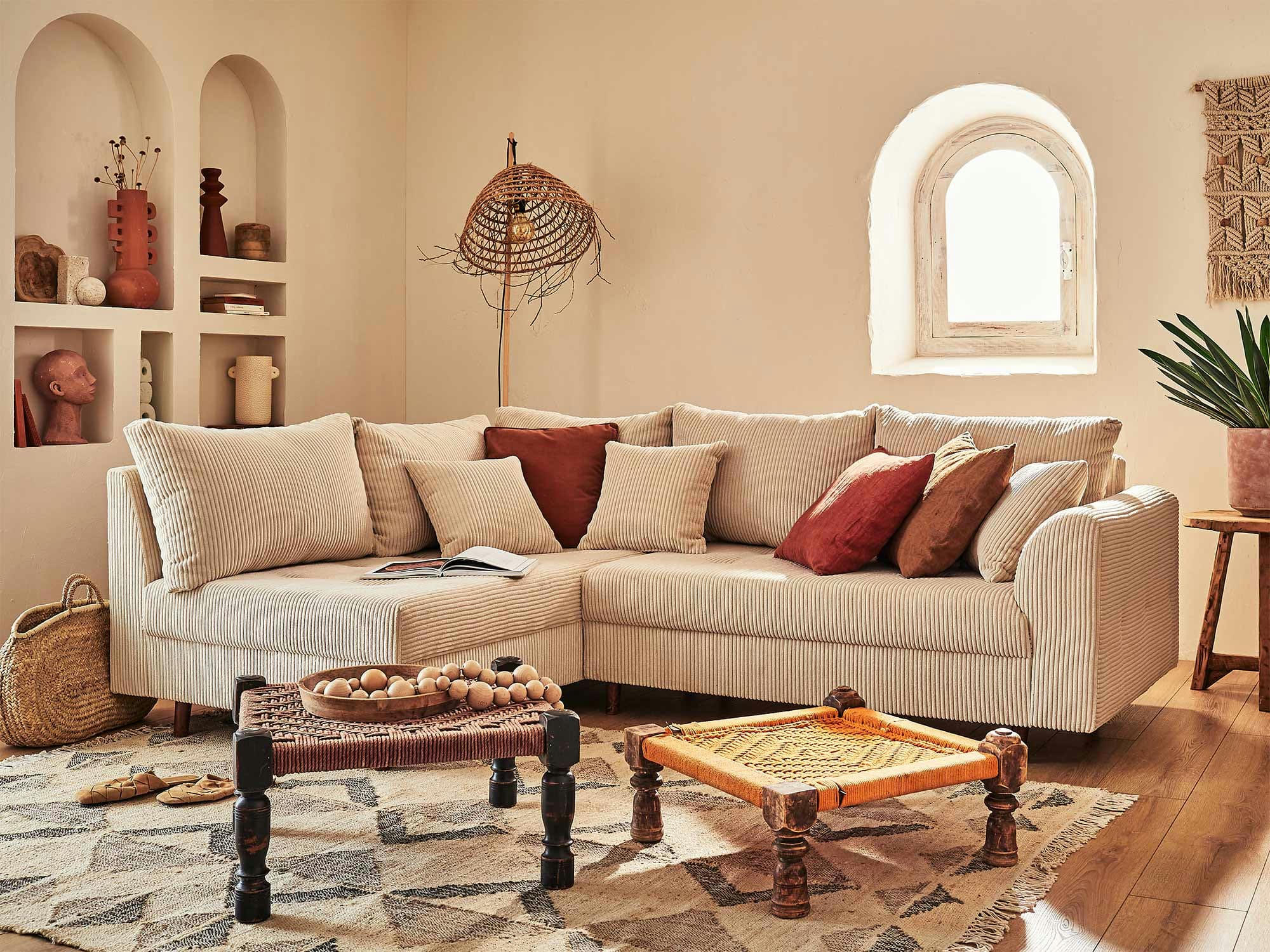 RUNE - Canapé d'angle gauche 4 places en velours côtelé beige