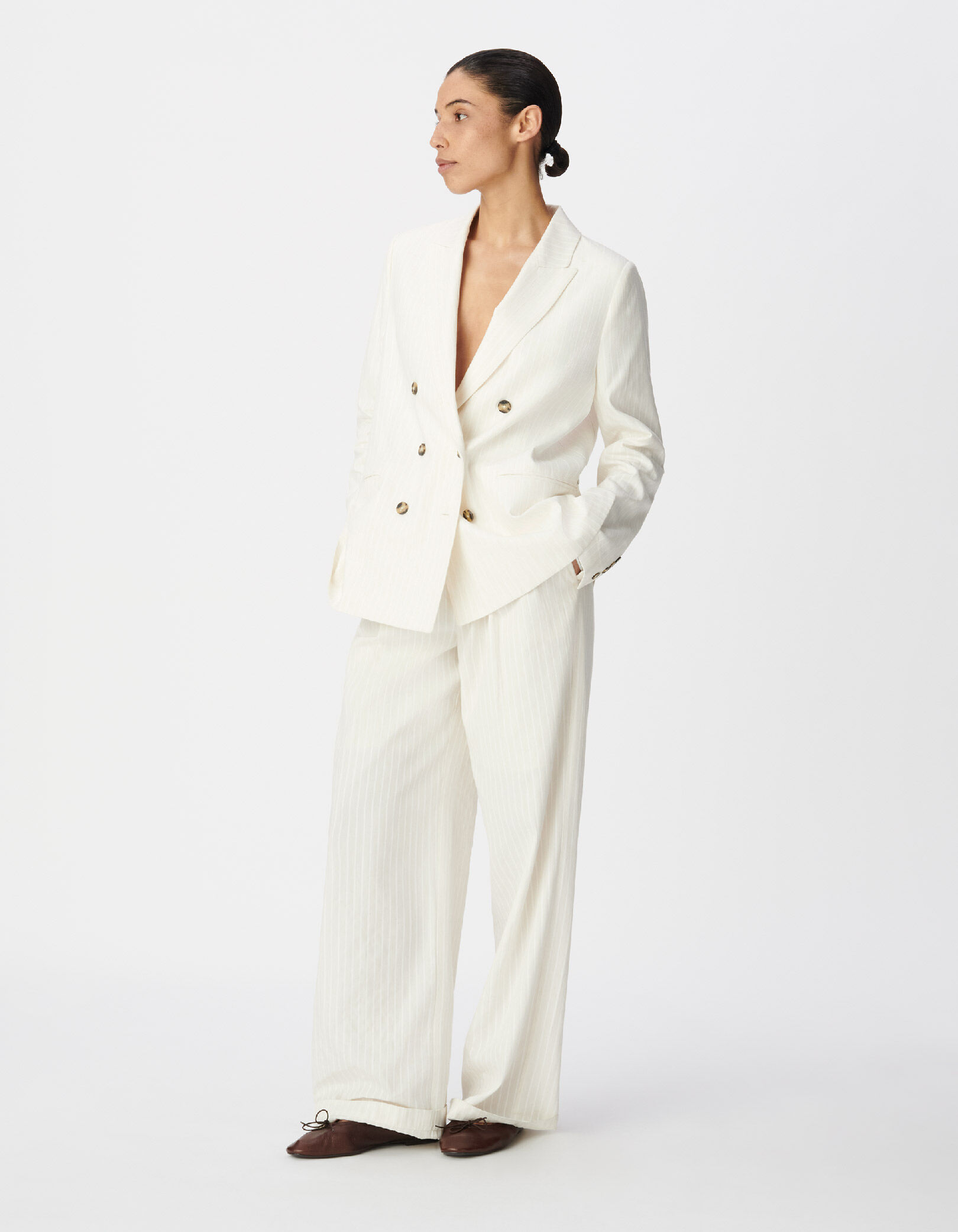 Veste de tailleur large blanc motif rayures Femme