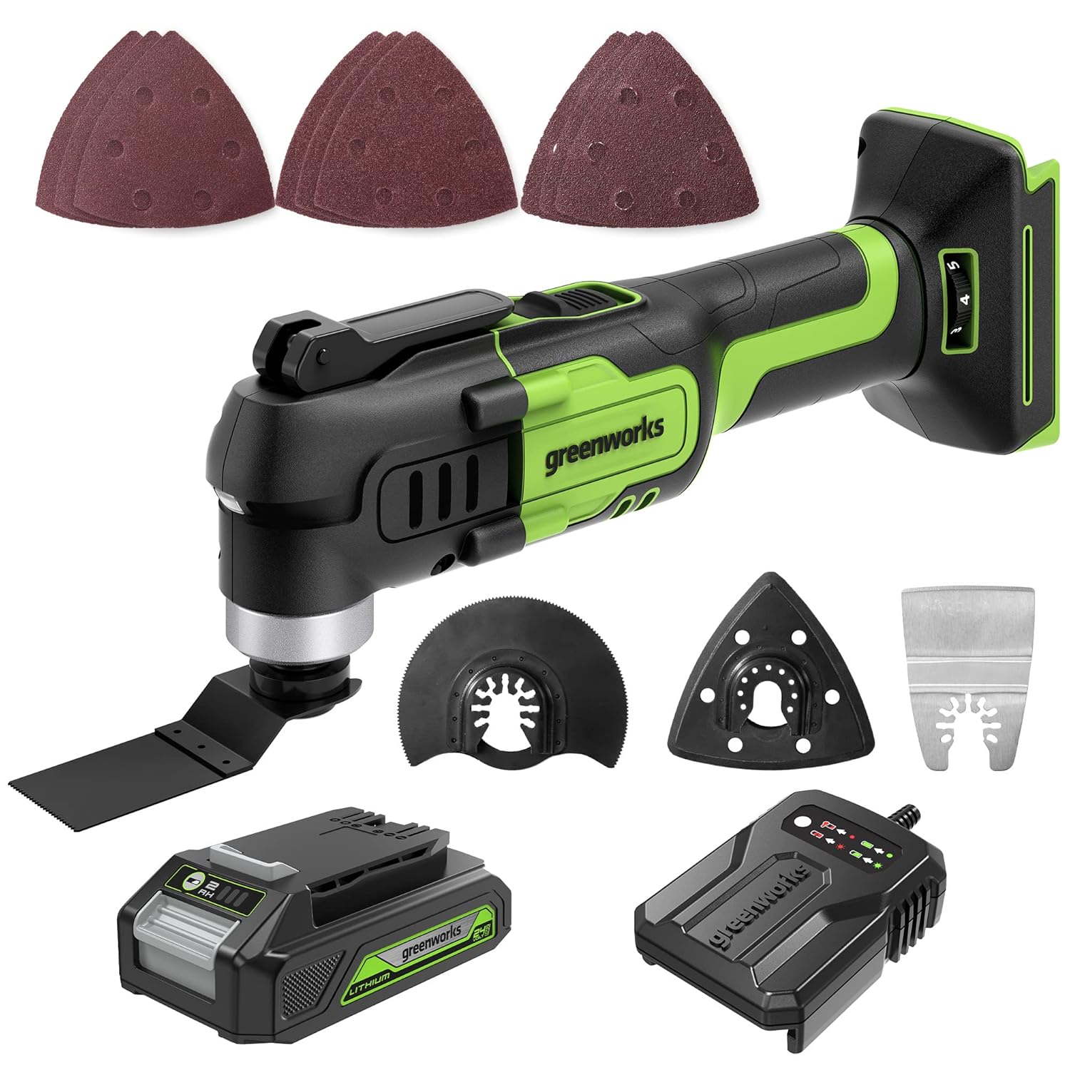 Greenworks 24V Cordless Multi-Tool, Oscillating Tool for Cutting/Nailing/Scraping/Sanding with 6 Variable Speed Control, 2.0Ah Battery, 2A Charger and 13 Accessories Included