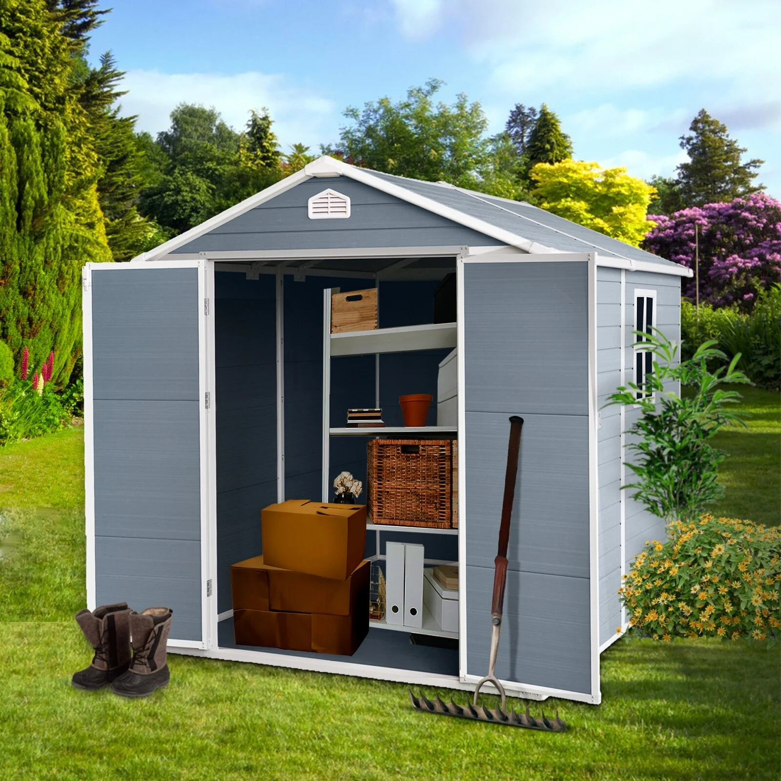 Resin Outdoor Storage Shed Tool Shed with Lockable Double Doors, All-Weather Garden Shed Pet Shed for Side Yard
