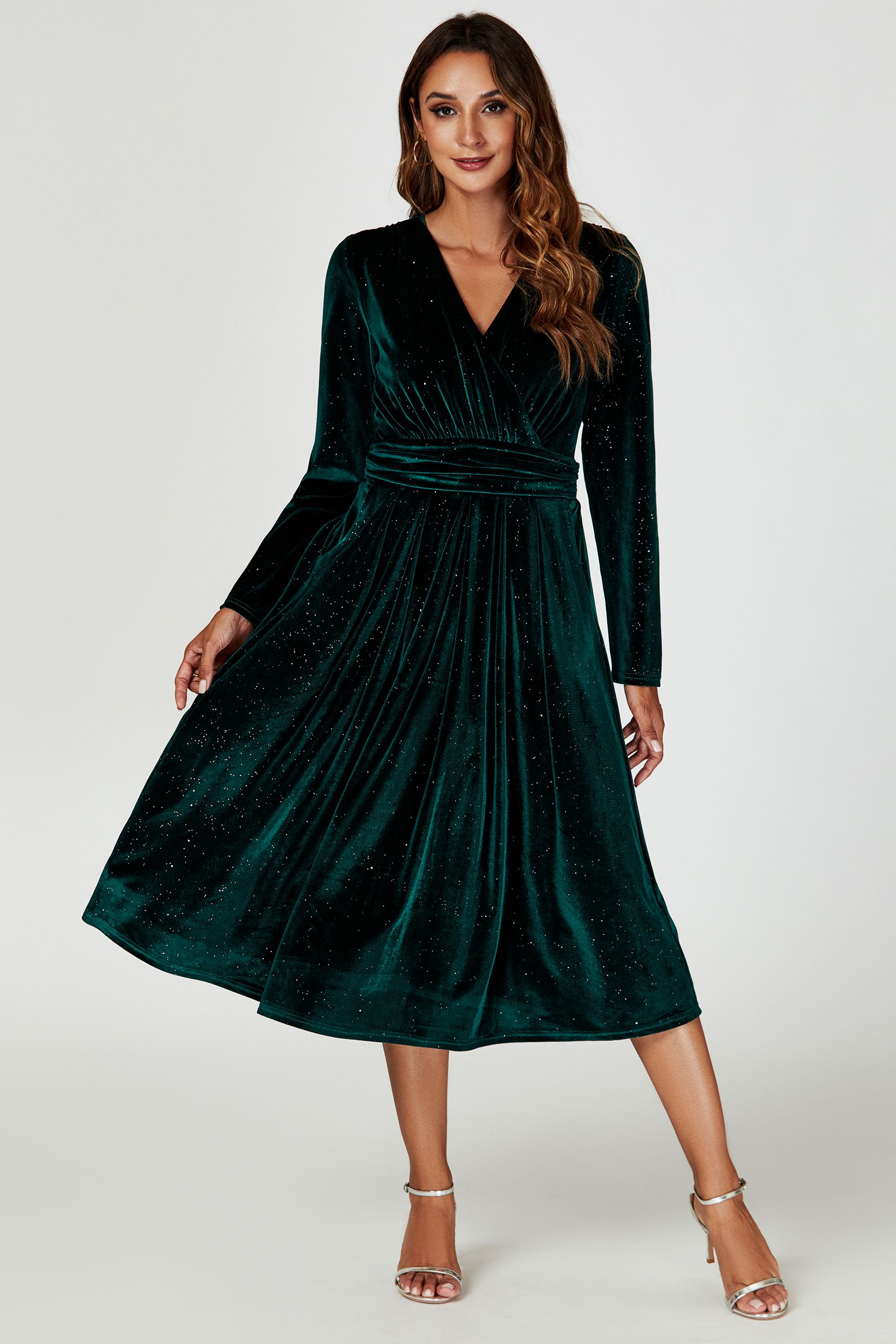 FS Collection Silver Sparkly Velvet Wrap Top Midi Dress In Green
