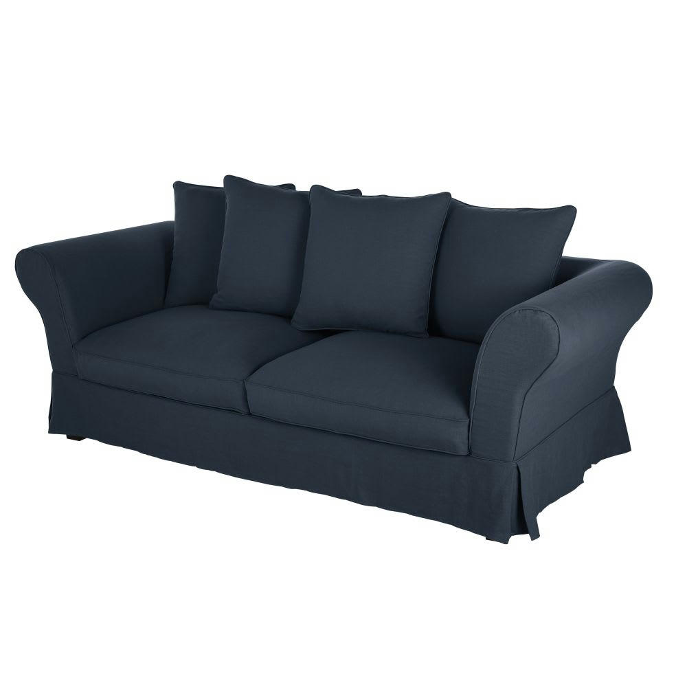 Roma - Housse de canapé convertible 3/4 places (12 cm) en lin froissé bleu nuit
