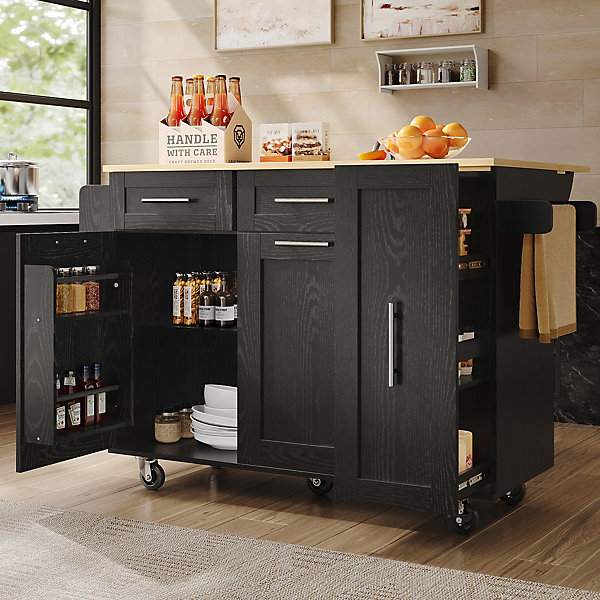 Îlot de Cuisine Extensible avec Plan de Travail et Rangement, Meuble Multifonction en MDF et Métal, Noir, 134.5x74x90.5 cm