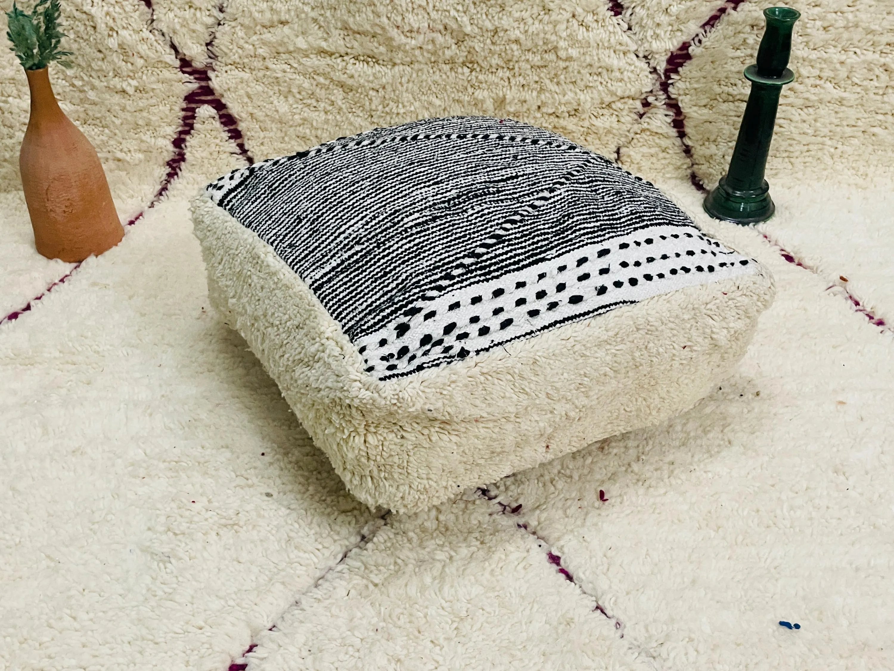 Vintage Moroccan Pouf Cover, Black Ivory Stripes, Boho Floor Pillow (60x60x20 cm)