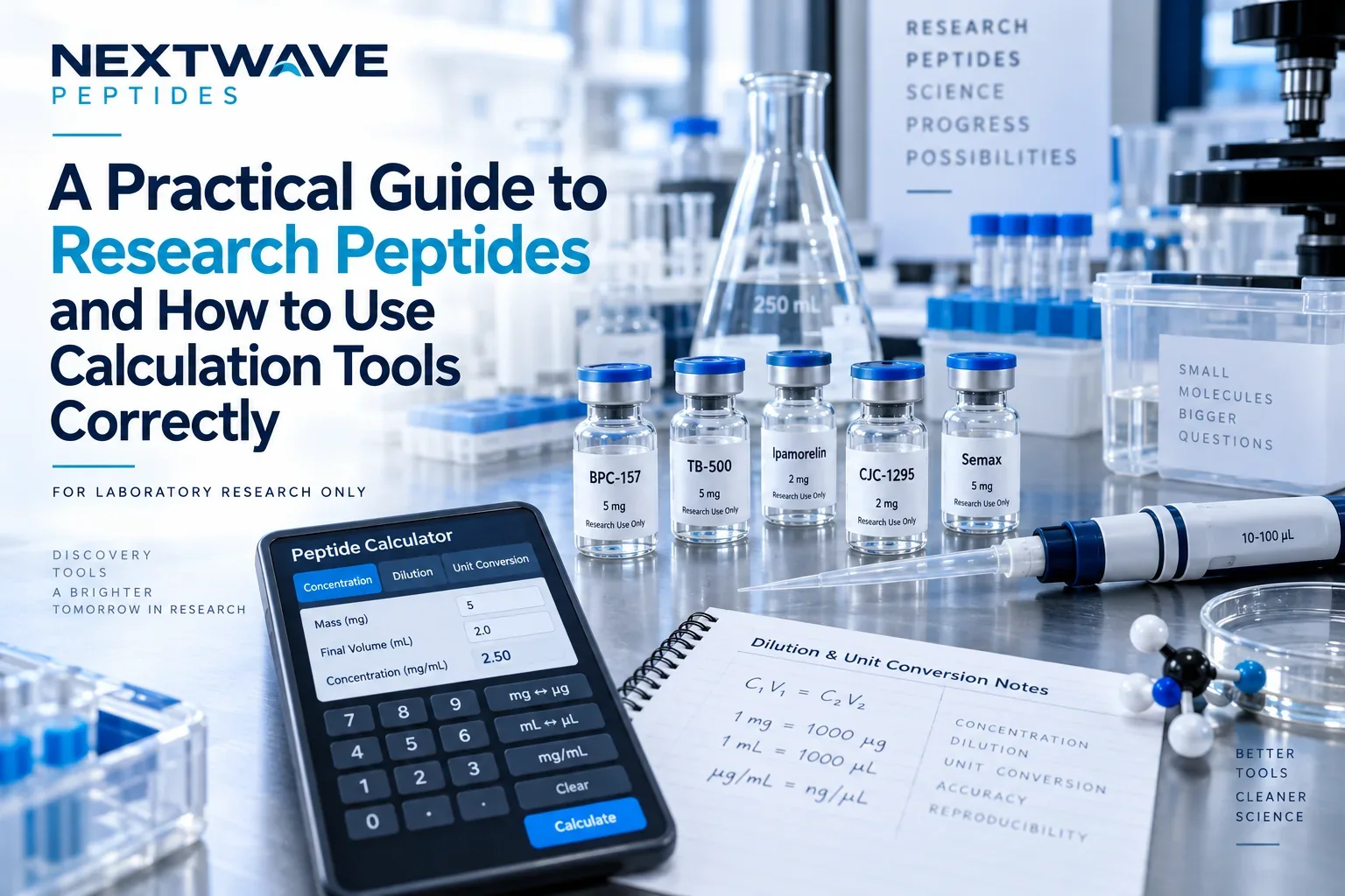 Research peptide vials beside a laboratory calculator, pipette, and concentration and unit-conversion worksheet.