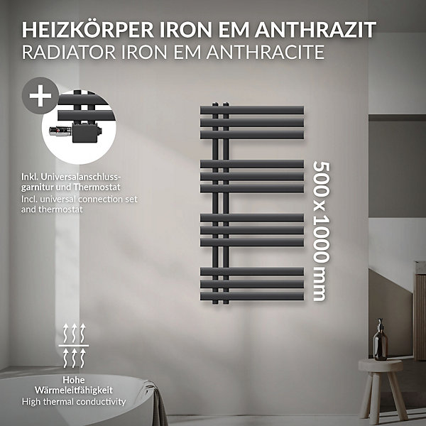 LuxeBath Radiateur Design Iron EM 500x1000 mm Anthracite Raccord Central au Bas