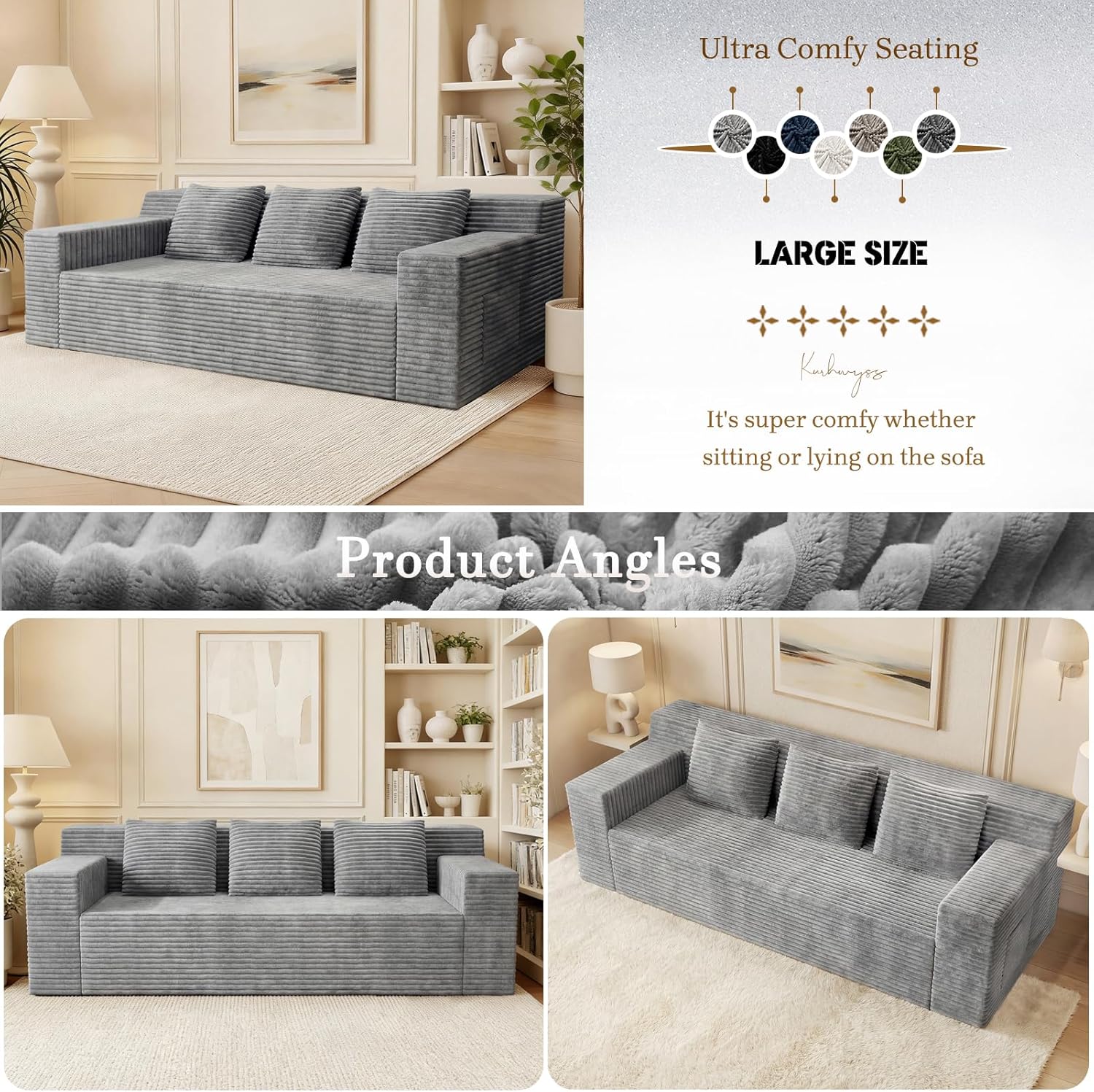 71 Corduroy Living Room Sofa, 3 Setaser Deep Seat Couch with 3 Lumbar Pillows, Comfy Boneless Sofa Modern Compressed Couch for Bedroom, Office, Apartment, No Assembly, Flat Armrests (Light Grey)