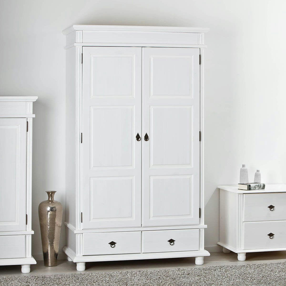 TRISTAN - Armoire  2 portes 2 tiroirs bois massif vernis blanc