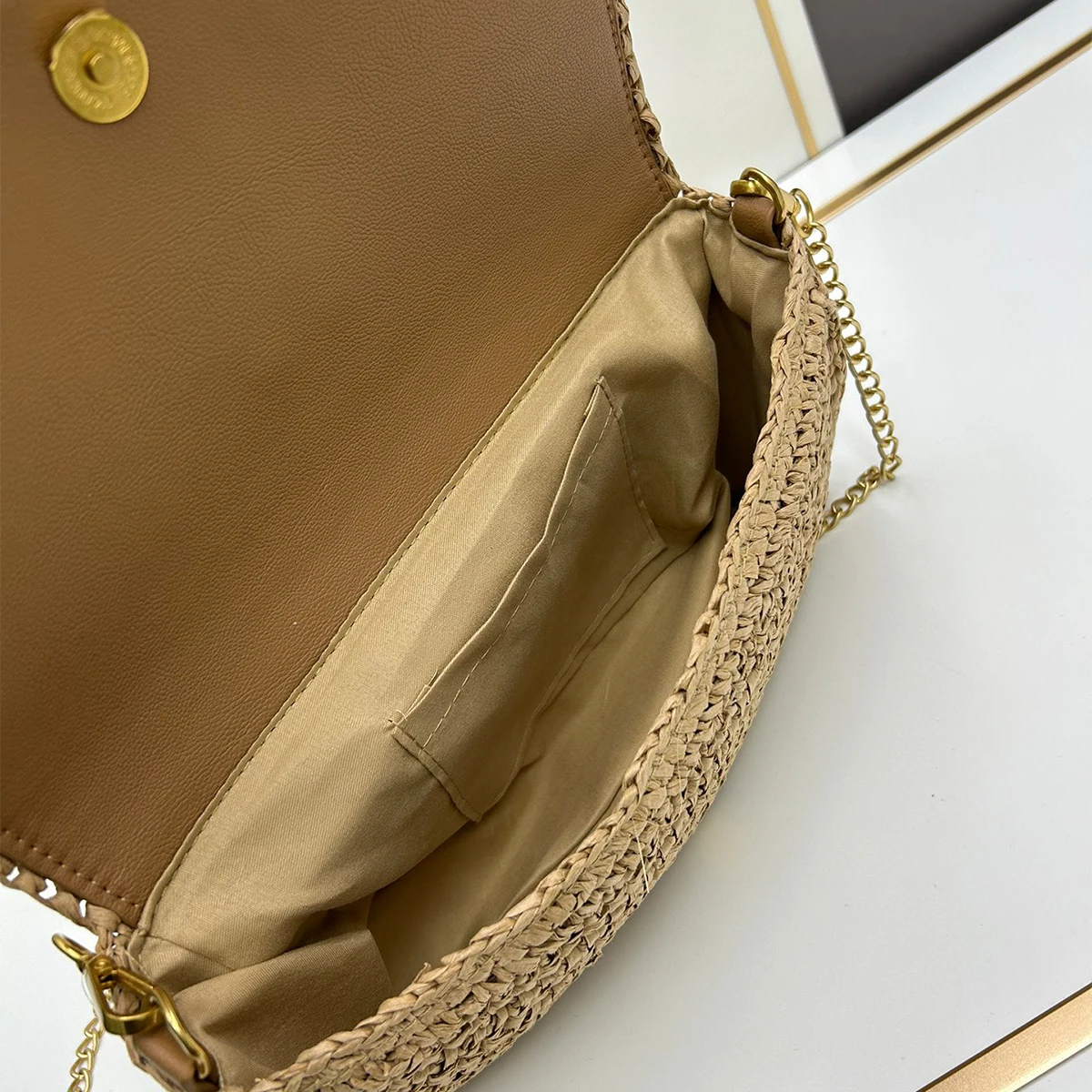Saint Laurent Kate 99 Shoulder Bag Dark Nude Raffia