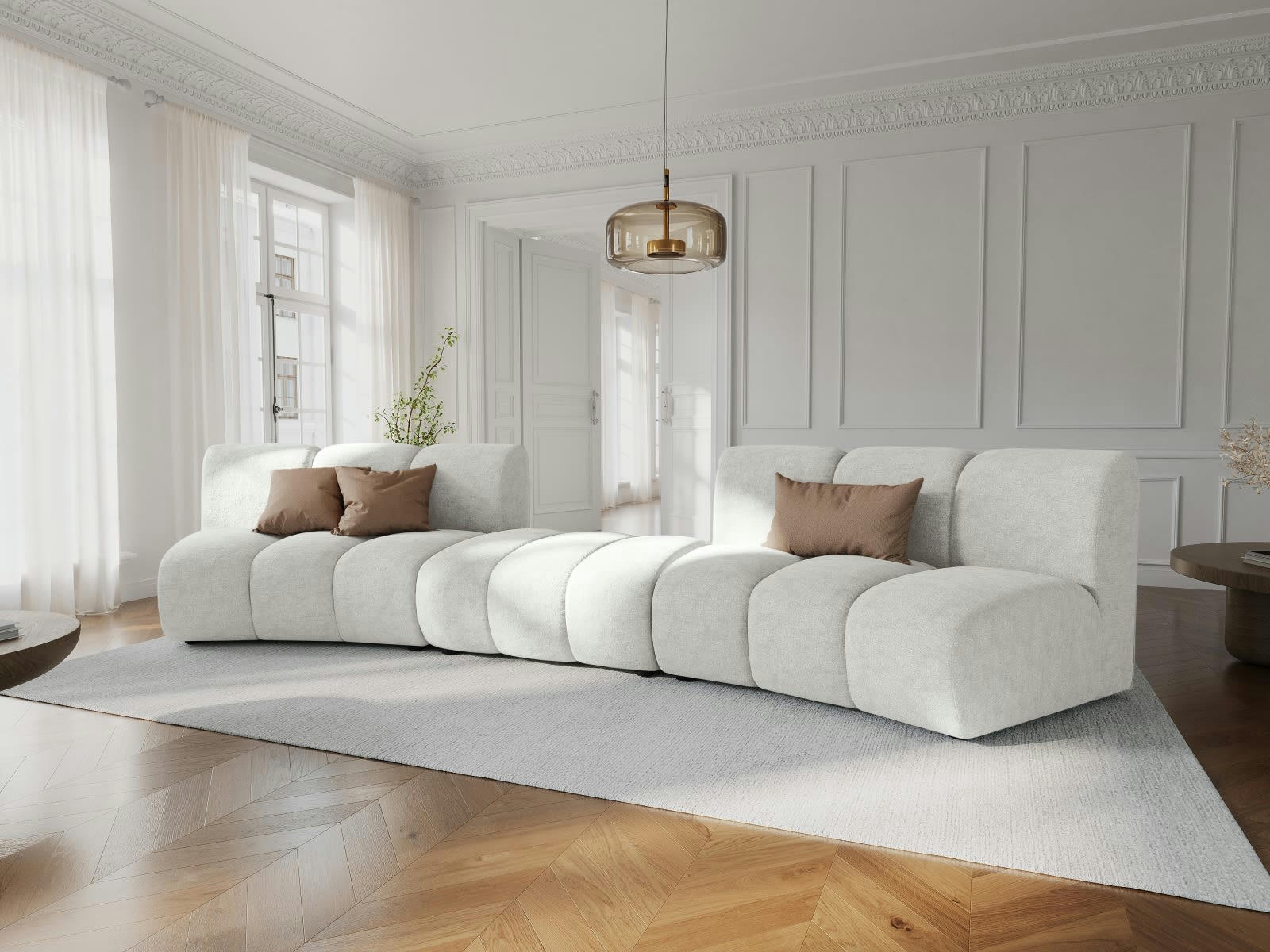 LUPINE - Canapé arrondi 5 places en tissu chenille blanc