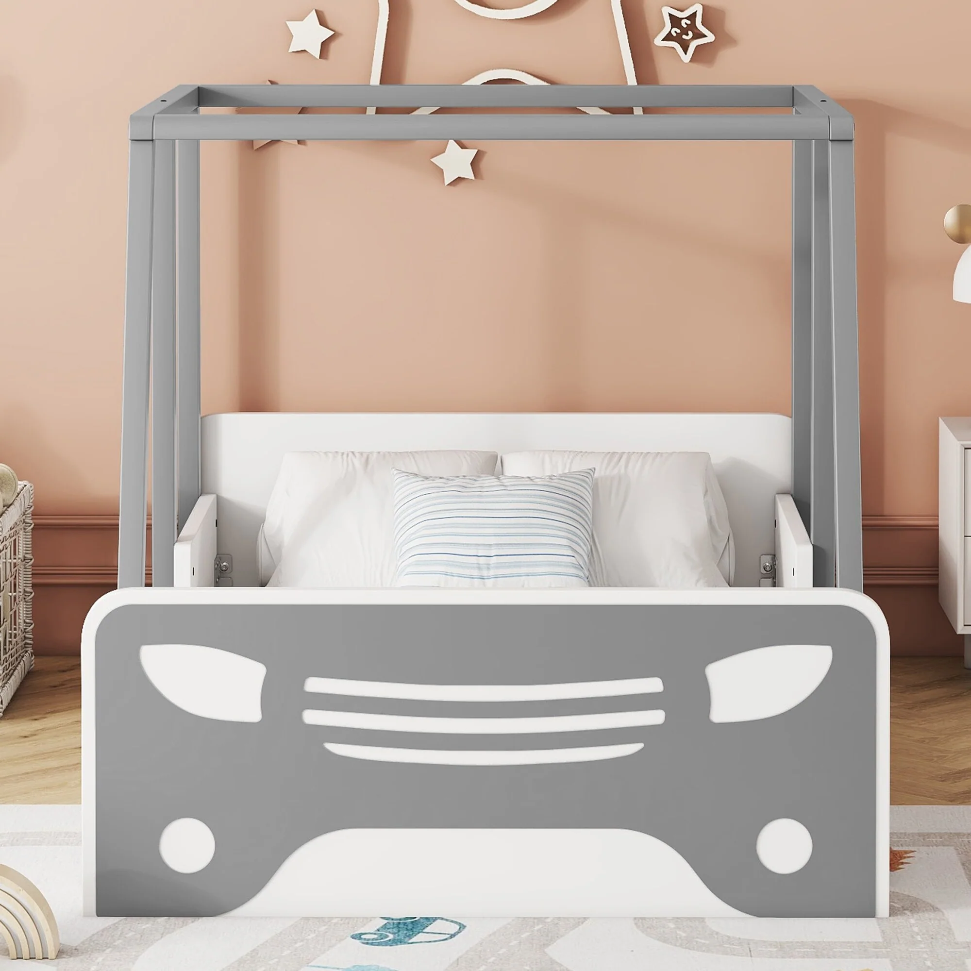Fun Twin Car-Shaped Bed with Roof and Door Design - Perfect for Kids' Bedrooms