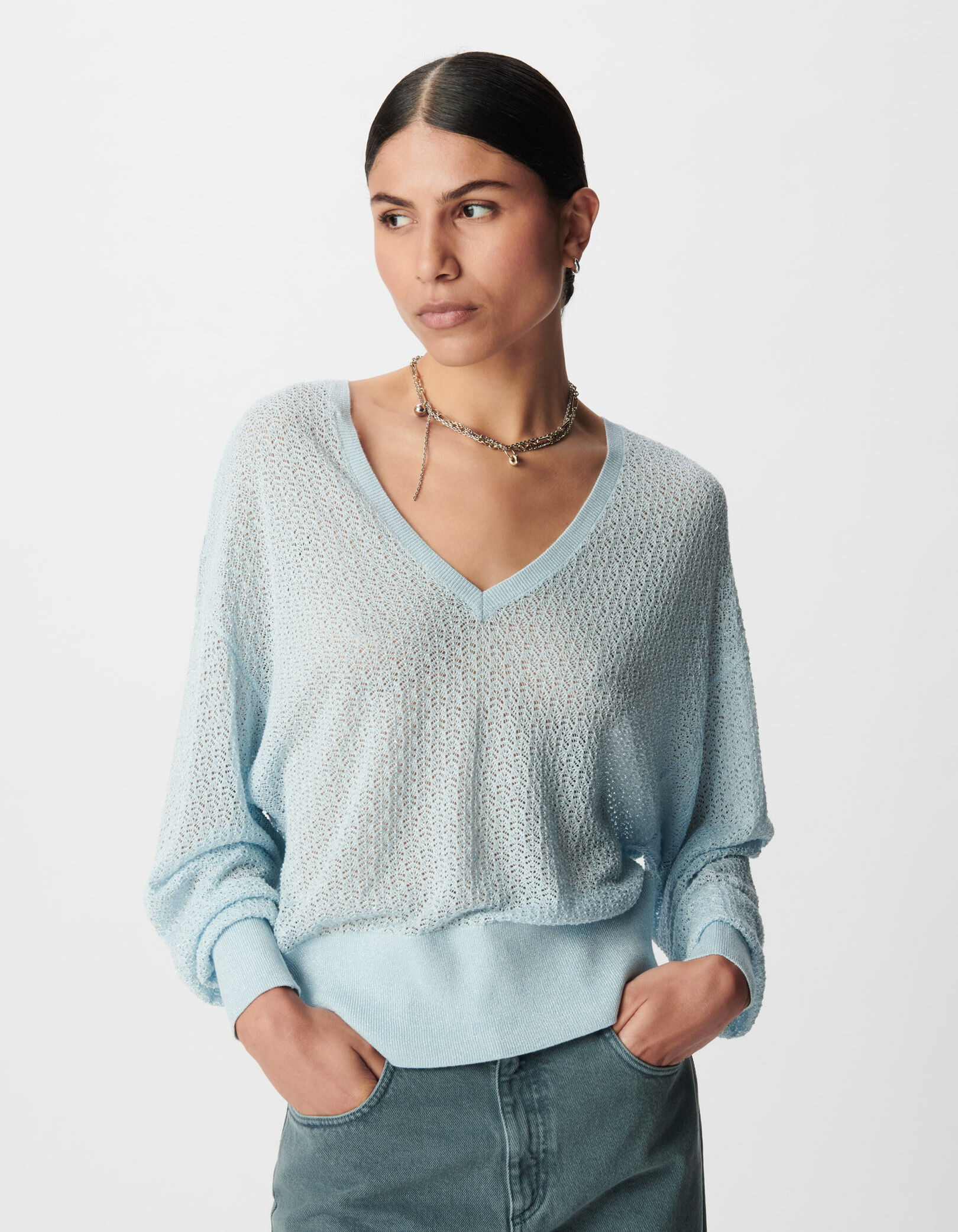 Pull chic beige tricot fantaisie pailleté ajouré Femme