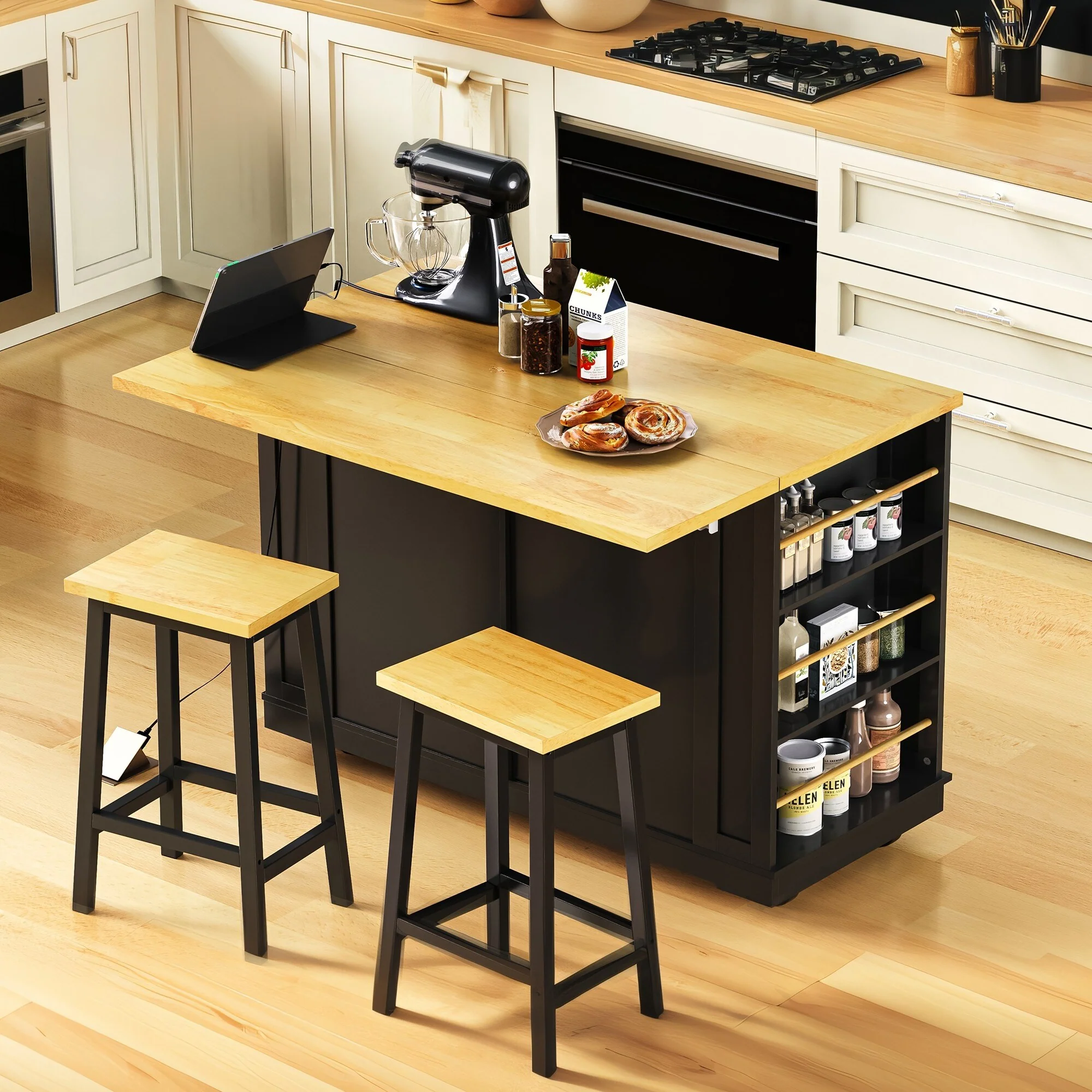 Wood Kitchen Island with 2 Bar Stools, Power Outlet, Built-in Storage Rack, Rolling Storage Cart with Drop Leaf, Open Side Racks