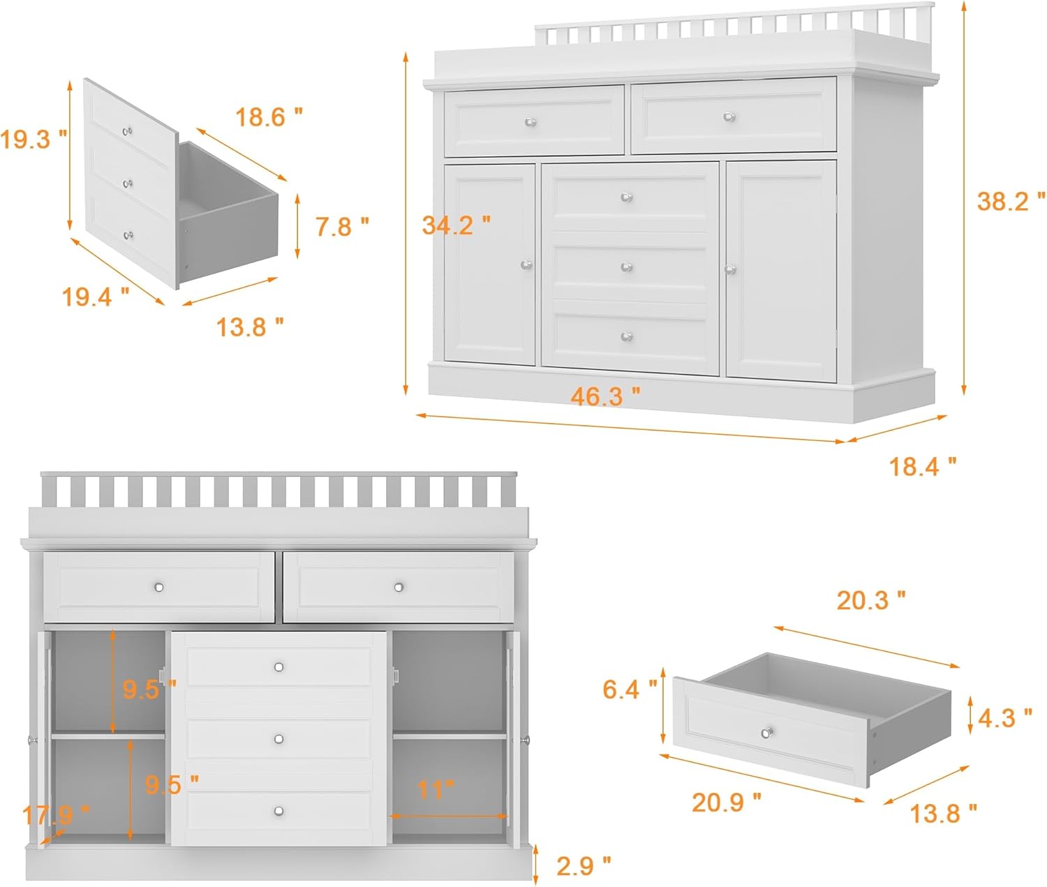 Timechee 46“ Baby Dresser with Changing Table Top, White Dresser with Storage Drawers and Doors for Nursery, Multifunctional Nursery Baby Changing Table Dressers, Diaper Station Cabinet for Kids Room