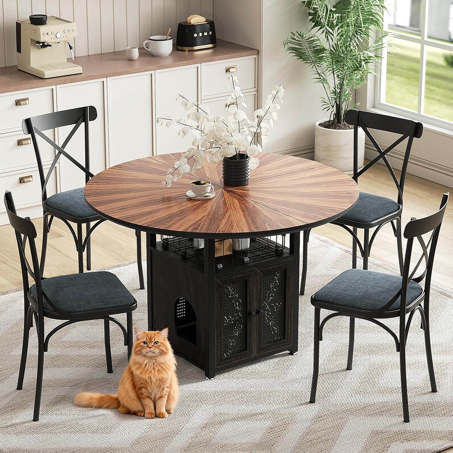 47 Round Dining Table Set for 4-6 People, Large Farmhouse Kitchen Dining Table Set with Chairs and Storage Rack, Metal Base Round Table for Home Dining Room Living Room (Cat table and 4 black chairs)
