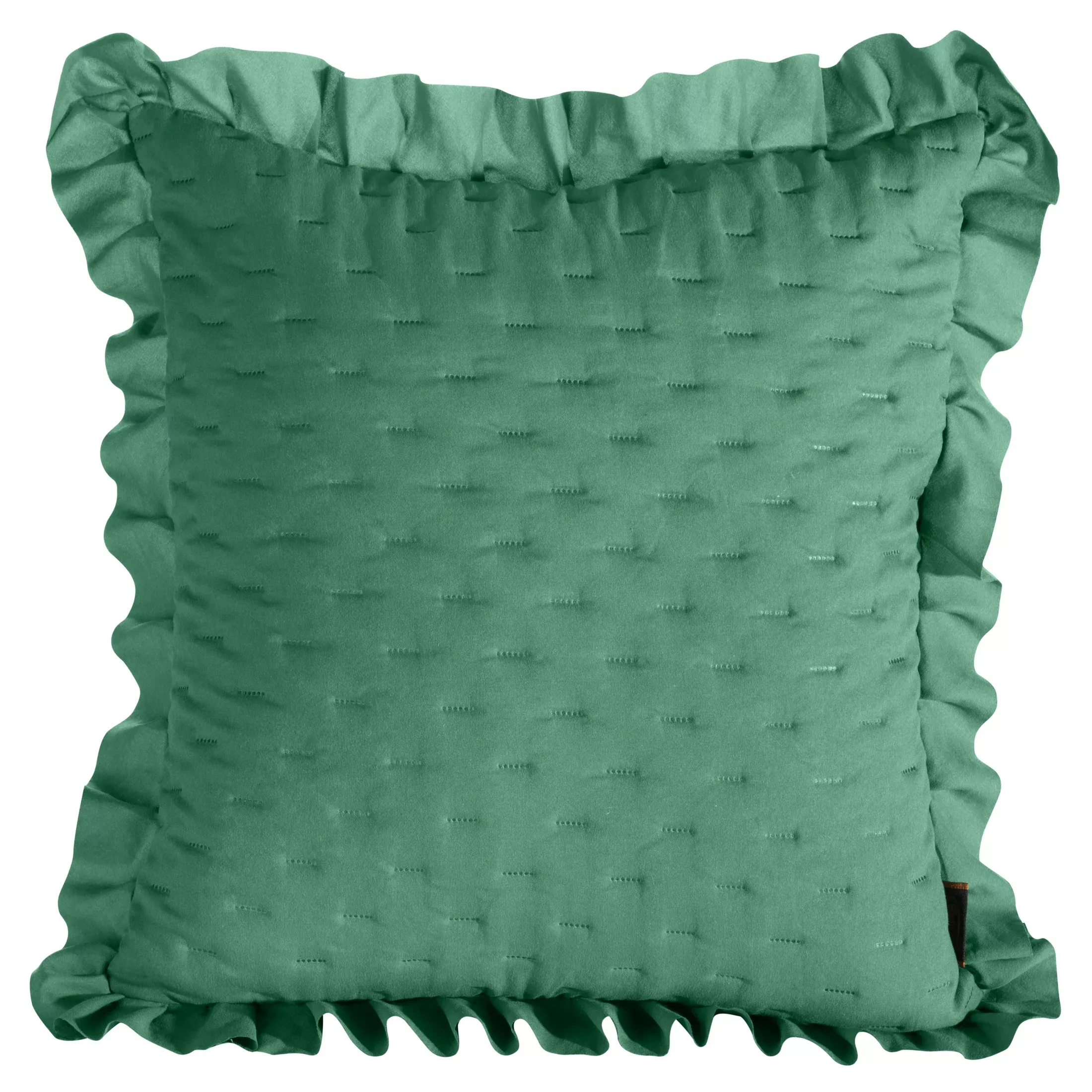 Poszewka na poduszkę 45x45 cm zielona z falbaną z matowej tkaniny pikowana w drobny wzorek techniką hot press